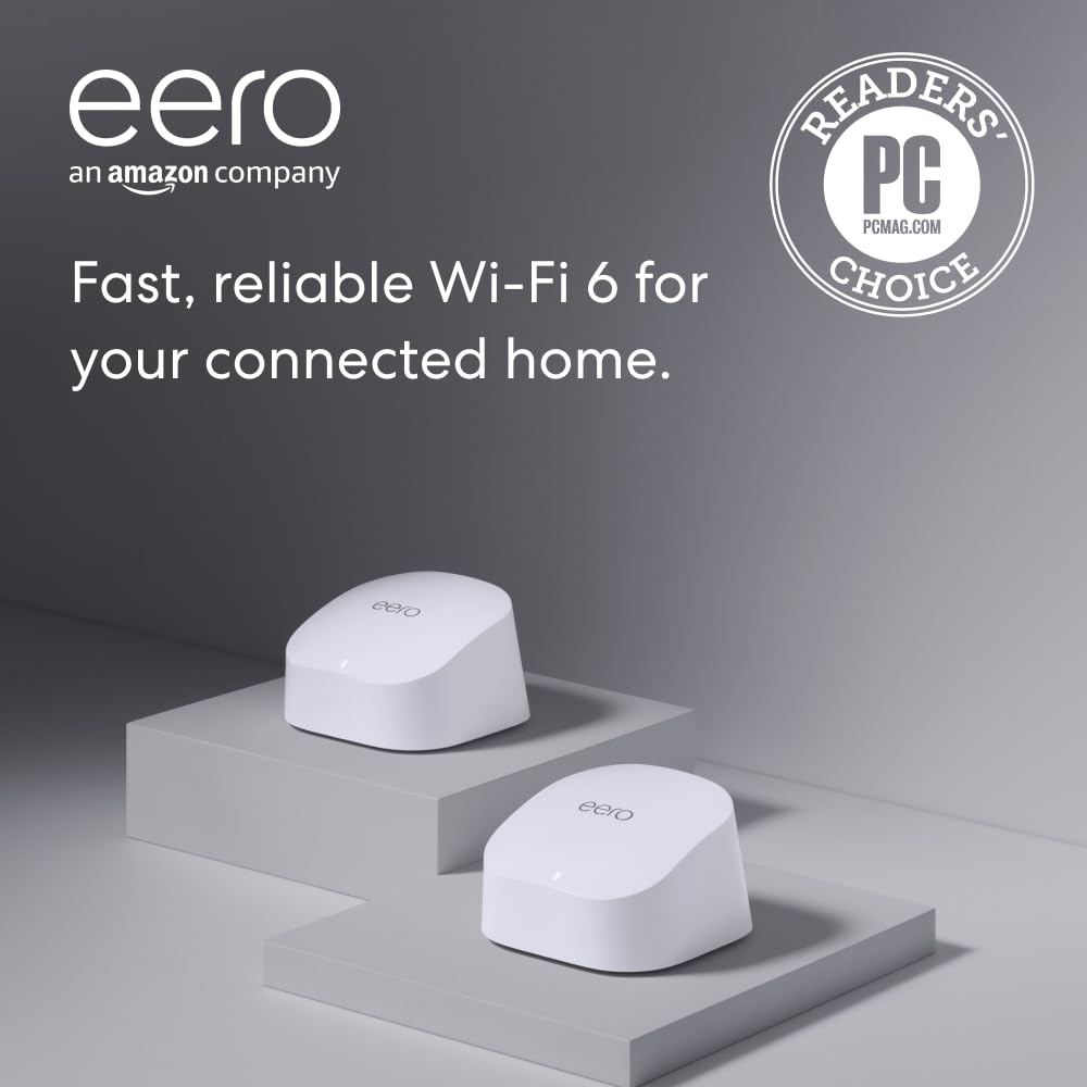Amazon eero 6 mesh wifi system – Supports speeds up to 500 mbps, Connect to Alexa, Coverage up to 3,000 sq. ft., 2-pack, one router + one extender Amazon eero 6 mesh wifi system – Supports speeds up to 500 mbps, Connect to Alexa, Coverage up to 3,000 sq. ft., 2-pack, one router + one extender