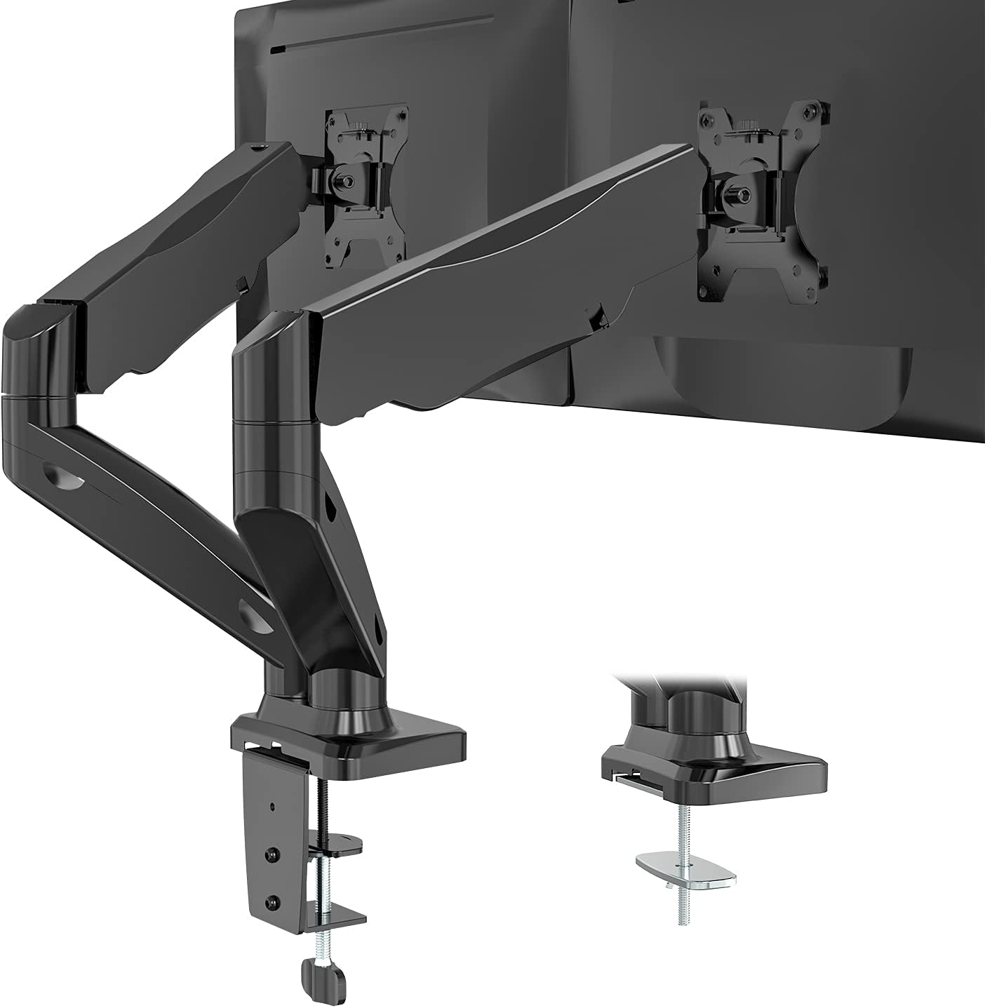 WALI Dual Monitor Stand Arms Mounts, for 2 Monitors, Fully Adjustable Gas Spring Desk Mount Swivel Mounting Holes Bracket with C Clamp, Grommet Base for Display Up to 32 Inch,19.8lbs. (GSMP002), Black WALI Dual Monitor Stand Arms Mounts, for 2 Monitors, Fully Adjustable Gas Spring Desk Mount Swivel Mounting Holes Bracket with C Clamp, Grommet Base for Display Up to 32 Inch,19.8lbs. (GSMP002), Black