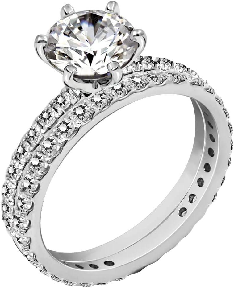 Amazon Essentials Platinum or Gold Plated Sterling Silver Wedding Set Rings set with Round Cut Infinite Elements Cubic Zirconia (previously Amazon Collection) Amazon Essentials Platinum or Gold Plated Sterling Silver Wedding Set Rings set with Round Cut Infinite Elements Cubic Zirconia (previously Amazon Collection)