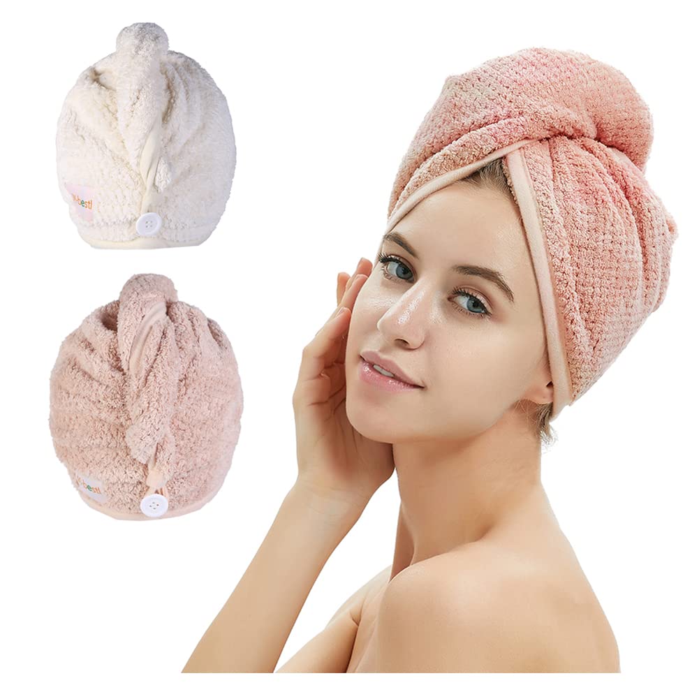 2 Pack Microfiber Hair Towel Wrap,Hair Drying Towel with Button, Towel Turban,Head Towel to Dry Hair Quickly (Pink&Beige) 2 Pack Microfiber Hair Towel Wrap,Hair Drying Towel with Button, Towel Turban,Head Towel to Dry Hair Quickly (Pink&Beige)