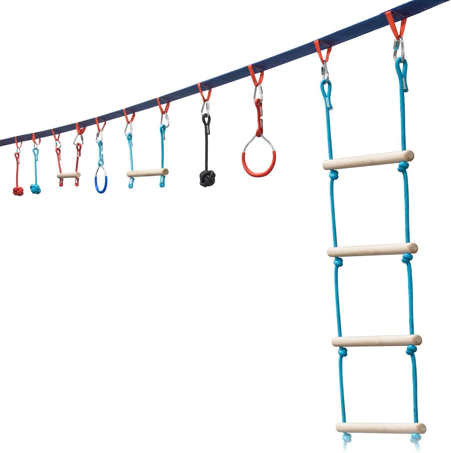 Portable 50 Foot Ninja Slackline Monkey Bar & Ladder Kit – Kids Gym Swinging Obstacle Course Set – Warrior Training Bars, Fists, Gymnastics Rings – Carry Bag & Tree Protectors Portable 50 Foot Ninja Slackline Monkey Bar & Ladder Kit – Kids Gym Swinging Obstacle Course Set – Warrior Training Bars, Fists, Gymnastics Rings – Carry Bag & Tree Protectors