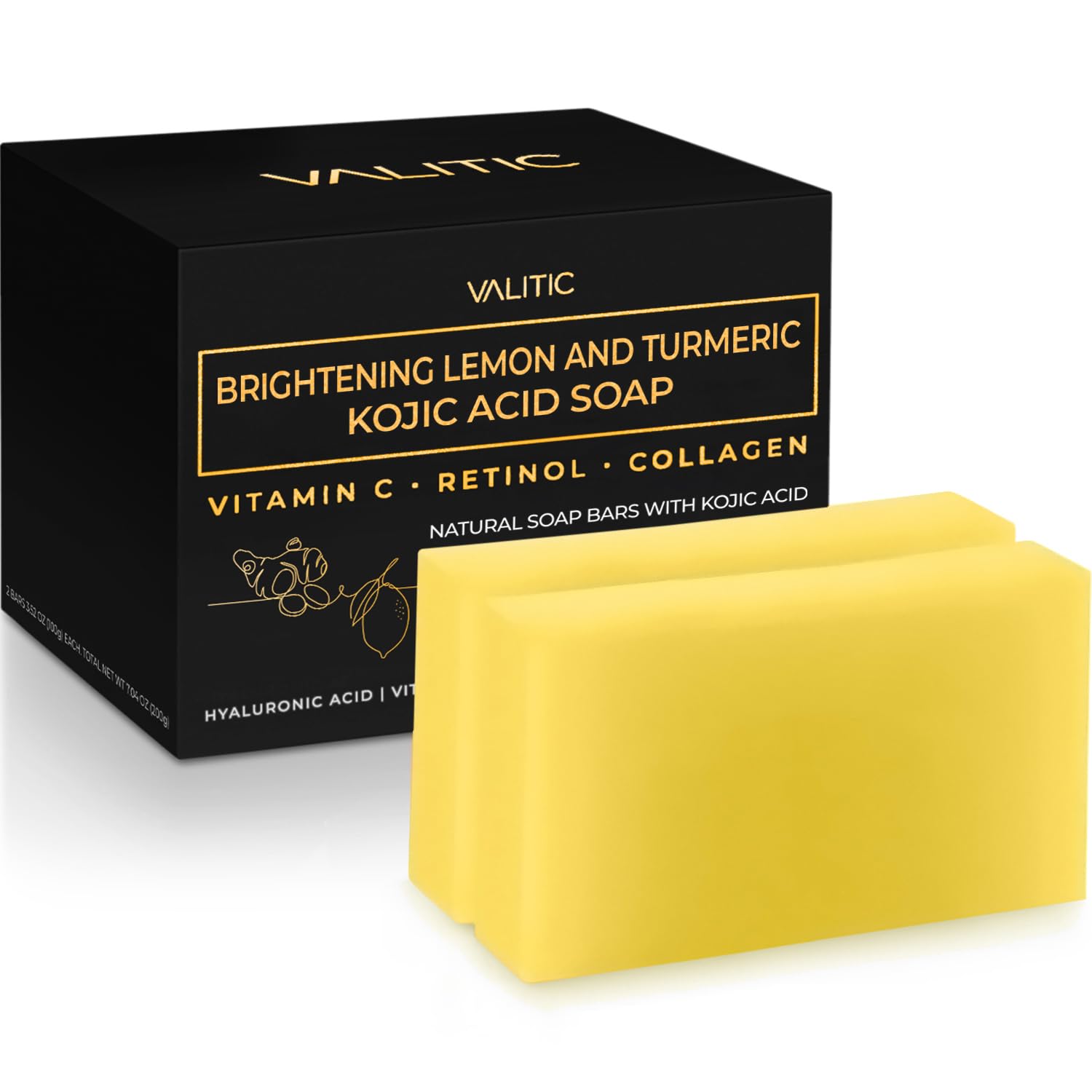 VALITIC Brightening Lemon & Turmeric Kojic Acid Soap with Vitamin C, Retinol, Collagen – Original Japanese Complex Infused with Hyaluronic Acid, Vitamin E, Shea Butter, Castile Olive Oil (2 Pack) VALITIC Brightening Lemon & Turmeric Kojic Acid Soap with Vitamin C, Retinol, Collagen – Original Japanese Complex Infused with Hyaluronic Acid, Vitamin E, Shea Butter, Castile Olive Oil (2 Pack)