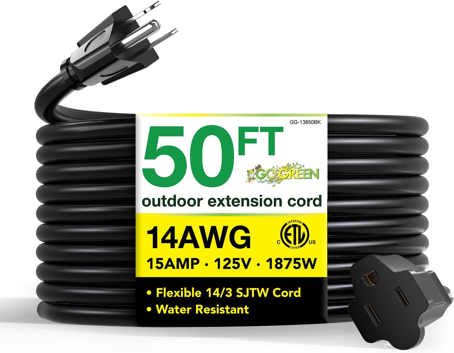 Go Green Power Inc. 14/3 50ft Black Outdoor Extension Cord – Robust, Heavy Duty – Perfect for Outdoor Tools & Equipment – GG-13850BK Go Green Power Inc. 14/3 50ft Black Outdoor Extension Cord – Robust, Heavy Duty – Perfect for Outdoor Tools & Equipment – GG-13850BK