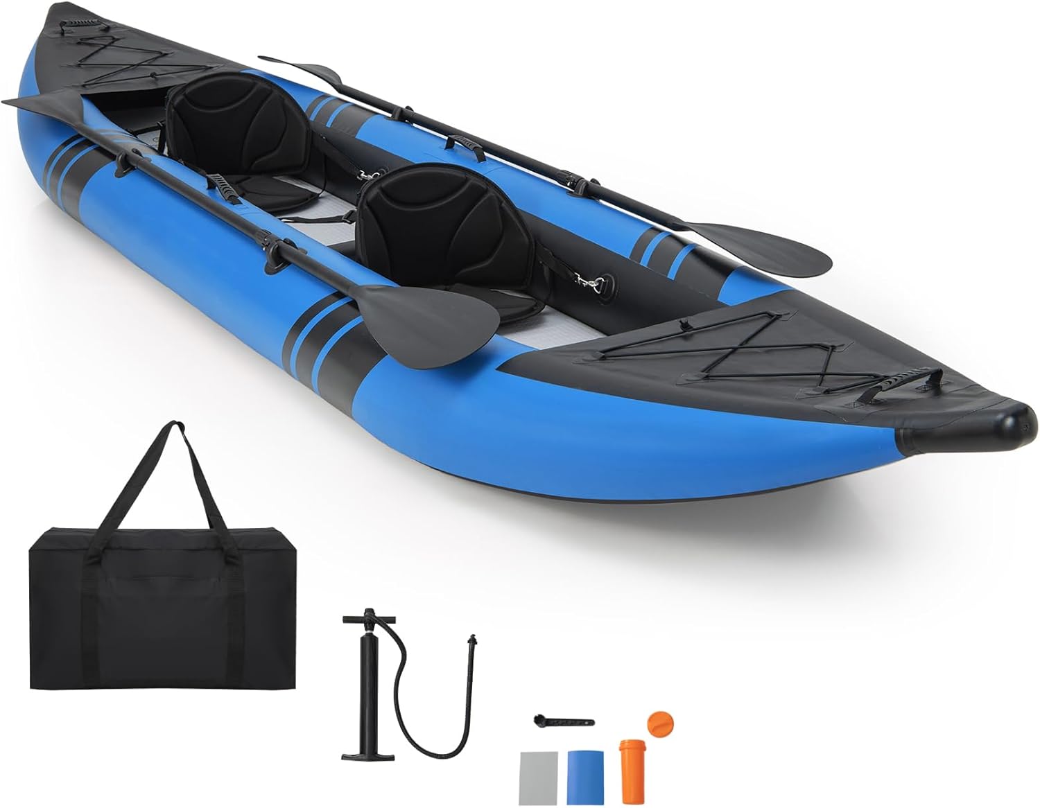 GYMAX Inflatable Kayak, 12.5Ft 507lbs Tandem Kayak with 2 Aluminum Paddles, 2 Padded Seats, Footrests, 2 Fins, Hand Pump, Carry Bag & Repair Kit, 2 Person Fishing Touring Kayak for Adults Youth GYMAX Inflatable Kayak, 12.5Ft 507lbs Tandem Kayak with 2 Aluminum Paddles, 2 Padded Seats, Footrests, 2 Fins, Hand Pump, Carry Bag & Repair Kit, 2 Person Fishing Touring Kayak for Adults Youth