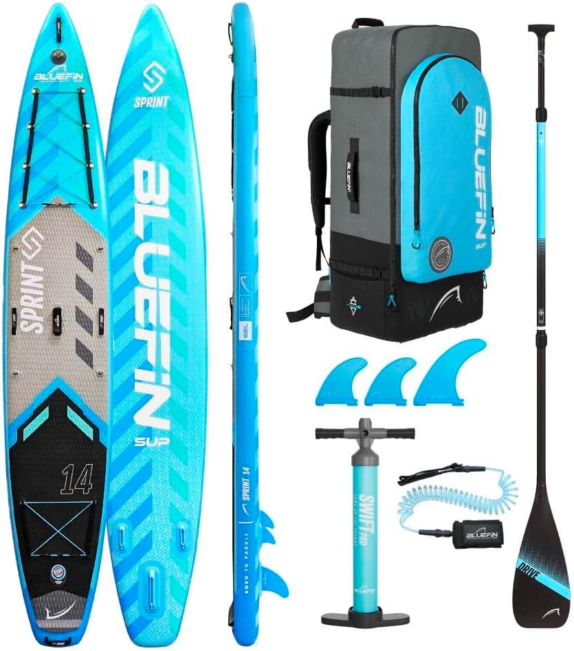 Bluefin SUP Stand Up Inflatable Paddle Board | 14′ Sprint Model | Touring/Race Model | Complete with All Accessories Bluefin SUP Stand Up Inflatable Paddle Board | 14′ Sprint Model | Touring/Race Model | Complete with All Accessories