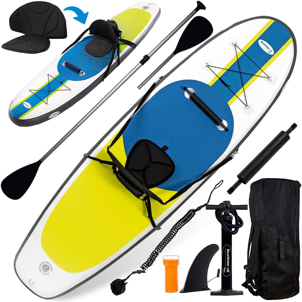 Blue Water Toys Inflatable Crossover Stand Up Paddle Board/Kayak Kit – Pump, Backpack, Coil Leash, Paddles, Detachable Seat, SUP 300 Pound Limit, 10 Feet by 32 Inches Blue Water Toys Inflatable Crossover Stand Up Paddle Board/Kayak Kit – Pump, Backpack, Coil Leash, Paddles, Detachable Seat, SUP 300 Pound Limit, 10 Feet by 32 Inches