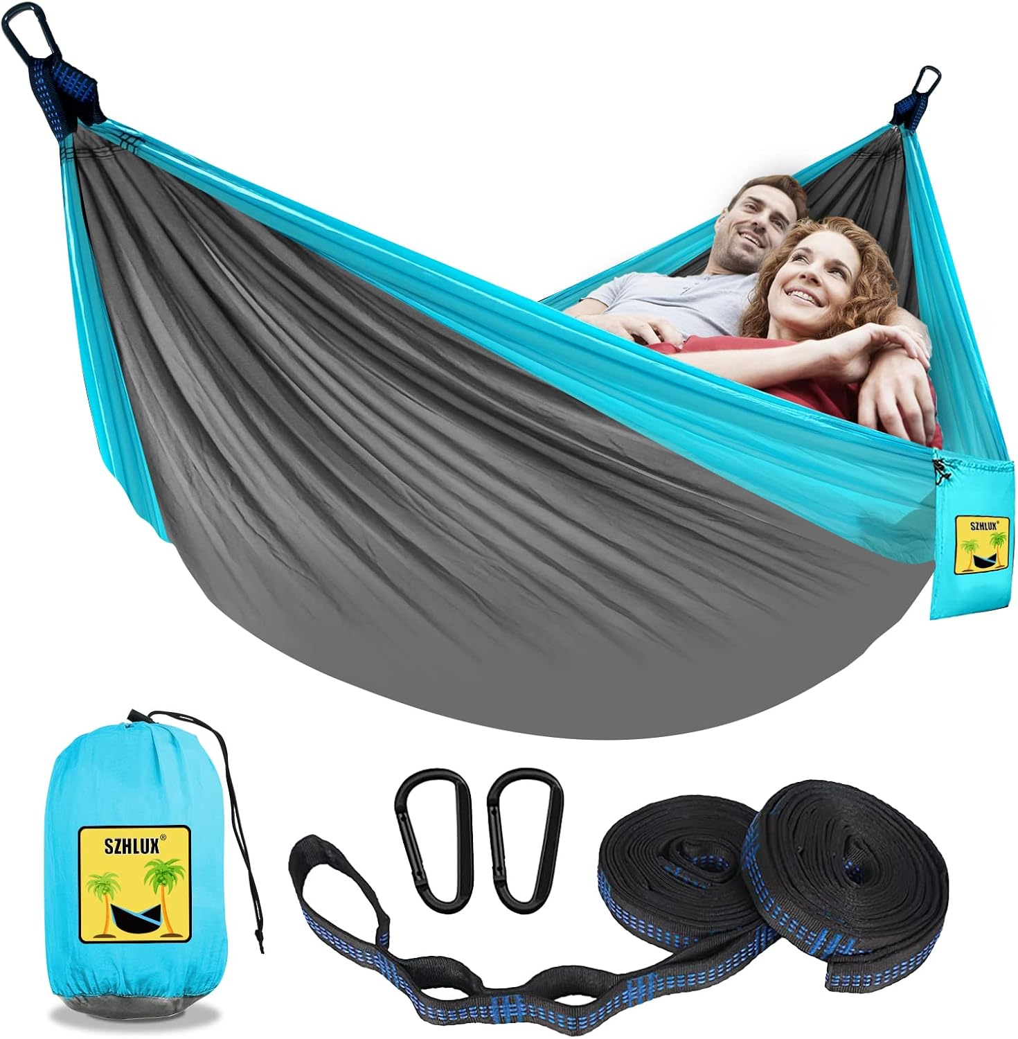 SZHLUX Camping Hammock Double Portable Hammocks Camping Accessories and Camping Gear, Great for Hiking,Outdoor,Beach,Camping,Light Grey & Sky Blue, Large SZHLUX Camping Hammock Double Portable Hammocks Camping Accessories and Camping Gear, Great for Hiking,Outdoor,Beach,Camping,Light Grey & Sky Blue, Large