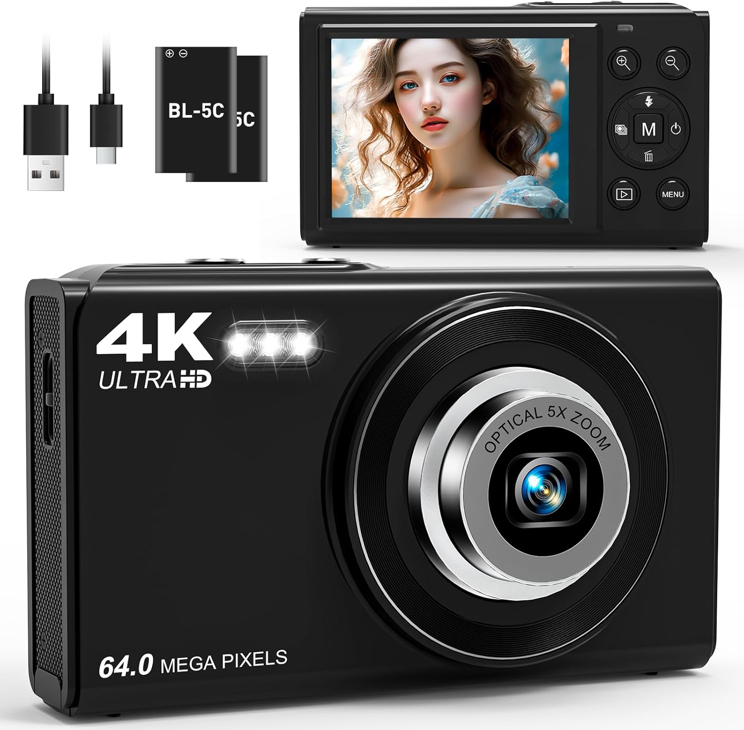 Digital Camera for Photography with 5X Optical Zoom, 4K WiFi Vlogging Camera for YouTube with Autofocus, 64MP Compact Travel Camera with 32GB Card, 2 Batteries for Beginners and Teens(Black) Digital Camera for Photography with 5X Optical Zoom, 4K WiFi Vlogging Camera for YouTube with Autofocus, 64MP Compact Travel Camera with 32GB Card, 2 Batteries for Beginners and Teens(Black)