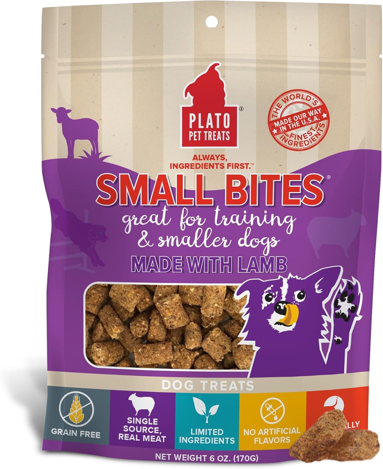 PLATO Pet Treats Air Dried Small Bites Dog Treats, Natural Bite Sized Real Meat & Lamb, Grain Free & High Protein, Made in The USA, 6oz PLATO Pet Treats Air Dried Small Bites Dog Treats, Natural Bite Sized Real Meat & Lamb, Grain Free & High Protein, Made in The USA, 6oz