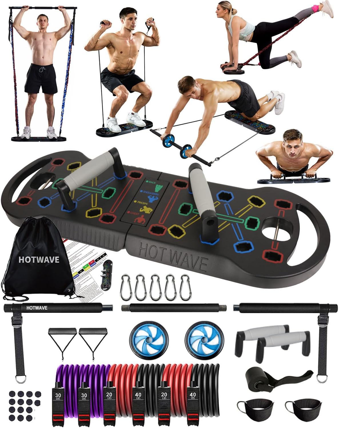 HOTWAVE Portable Exercise Equipment with 16 Gym Accessories.20 in 1 Push Up Board Fitness,Resistance Bands with Ab Roller Wheel,Full Body Workout at Home HOTWAVE Portable Exercise Equipment with 16 Gym Accessories.20 in 1 Push Up Board Fitness,Resistance Bands with Ab Roller Wheel,Full Body Workout at Home