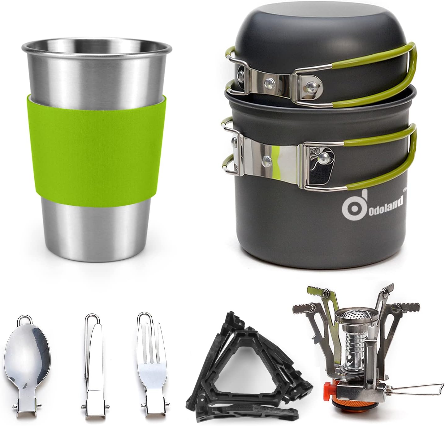 Odoland Camping Cookware Stove Carabiner Canister Stand Tripod and Stainless Steel Cup, Tank Bracket, Fork Spoon Kit for Backpacking, Outdoor Camping Hiking and Picnic Odoland Camping Cookware Stove Carabiner Canister Stand Tripod and Stainless Steel Cup, Tank Bracket, Fork Spoon Kit for Backpacking, Outdoor Camping Hiking and Picnic