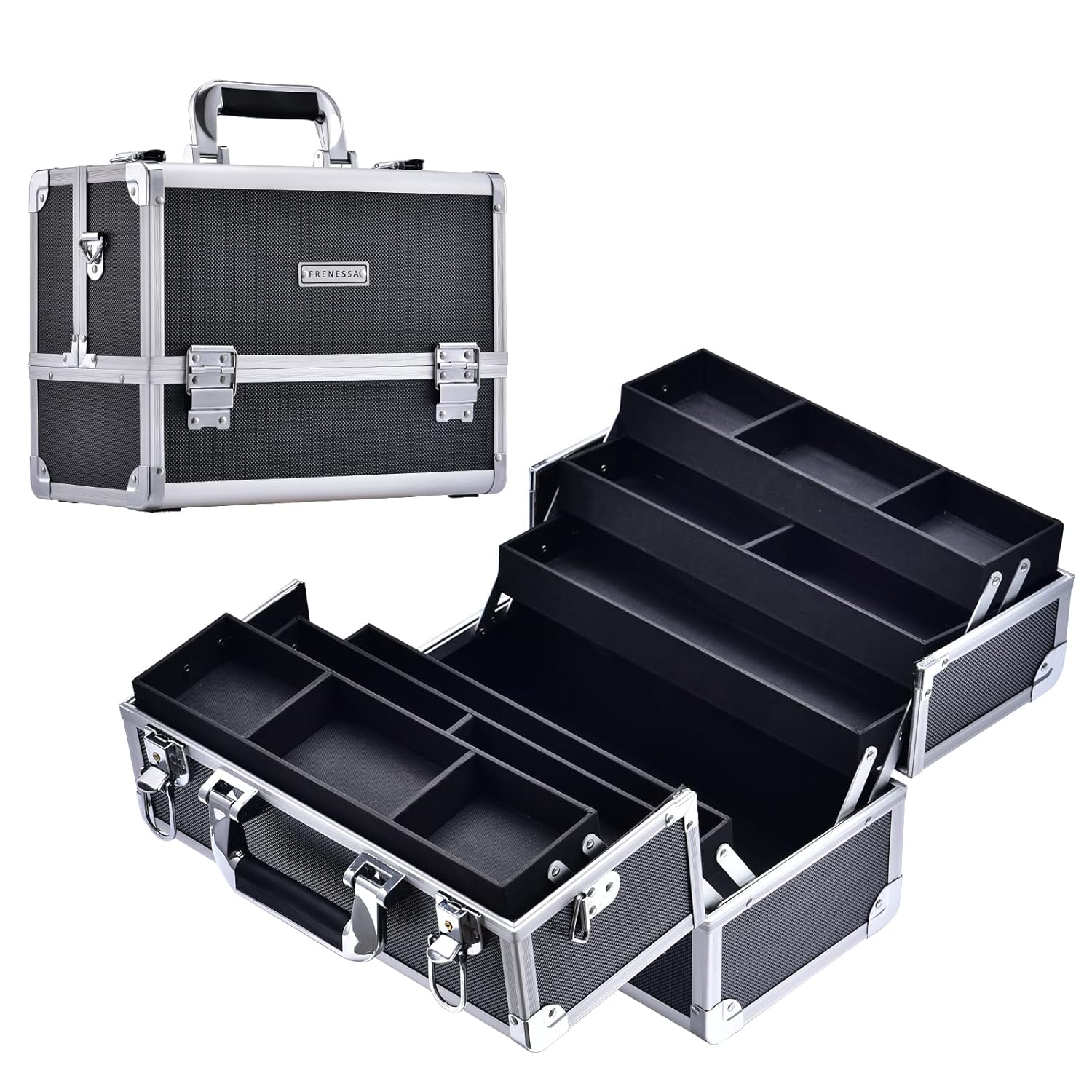 FRENESSA Makeup Train Case Large Cosmetic Box 6 Tier Trays with Compartments Professional Makeup Box Jewelry Storage Organizer Case Adjustable Bottom with Shoulder Strap – Black FRENESSA Makeup Train Case Large Cosmetic Box 6 Tier Trays with Compartments Professional Makeup Box Jewelry Storage Organizer Case Adjustable Bottom with Shoulder Strap – Black
