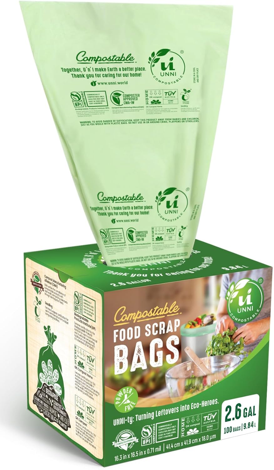 UNNI Compostable Liner Bags, 2.6 Gallon, 9.84 Liter, 100 Count, Extra Thick 0.71 Mil, Small Kitchen Food Scrap Waste Bags, ASTM D6400, US BPI, CMA & Europe OK Compost Home Certified, San Francisco UNNI Compostable Liner Bags, 2.6 Gallon, 9.84 Liter, 100 Count, Extra Thick 0.71 Mil, Small Kitchen Food Scrap Waste Bags, ASTM D6400, US BPI, CMA & Europe OK Compost Home Certified, San Francisco