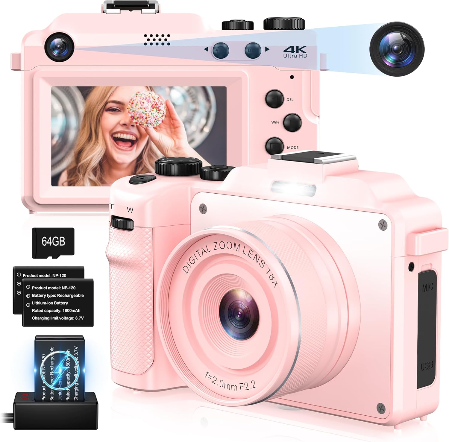 Cameras for Photography,4K Pink Digital Camera Anti-Shake 64MP Compact Vlogging Camera with 18X Zoom,Travel Autofocus,Point and Shoot Camera with 64GB TF Card,2 Batteries,Dual Charger for Beginner Cameras for Photography,4K Pink Digital Camera Anti-Shake 64MP Compact Vlogging Camera with 18X Zoom,Travel Autofocus,Point and Shoot Camera with 64GB TF Card,2 Batteries,Dual Charger for Beginner