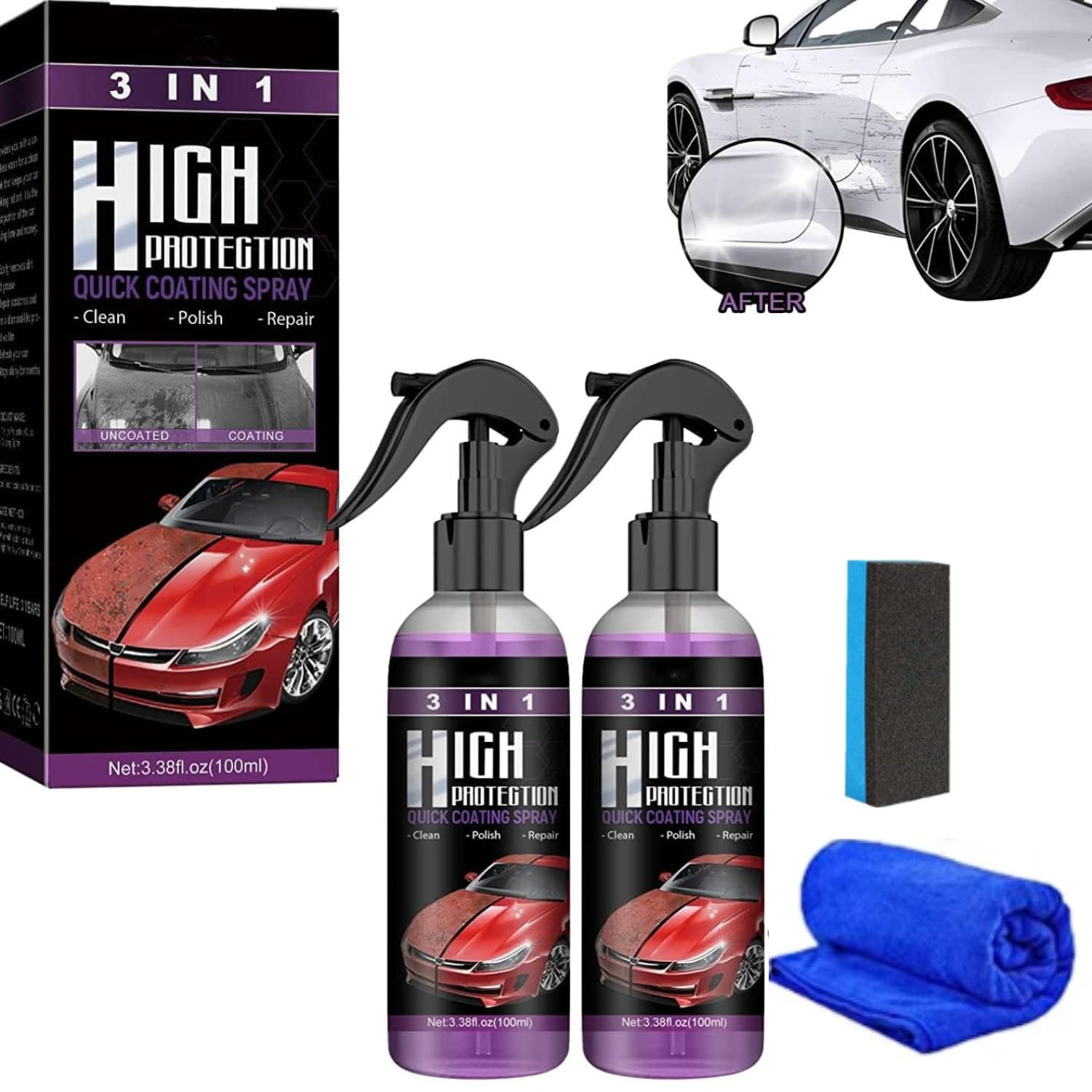 2PCS 3 in 1 High Protection Car Coating Cleaning Spray, High ProtectionQuick Coat Car Wax Polish Spray,Car Scratch Repair Spray, Easy to use and Clean, Fast car Coating Spray (Sponge + Cloth) 2PCS 3 in 1 High Protection Car Coating Cleaning Spray, High ProtectionQuick Coat Car Wax Polish Spray,Car Scratch Repair Spray, Easy to use and Clean, Fast car Coating Spray (Sponge + Cloth)