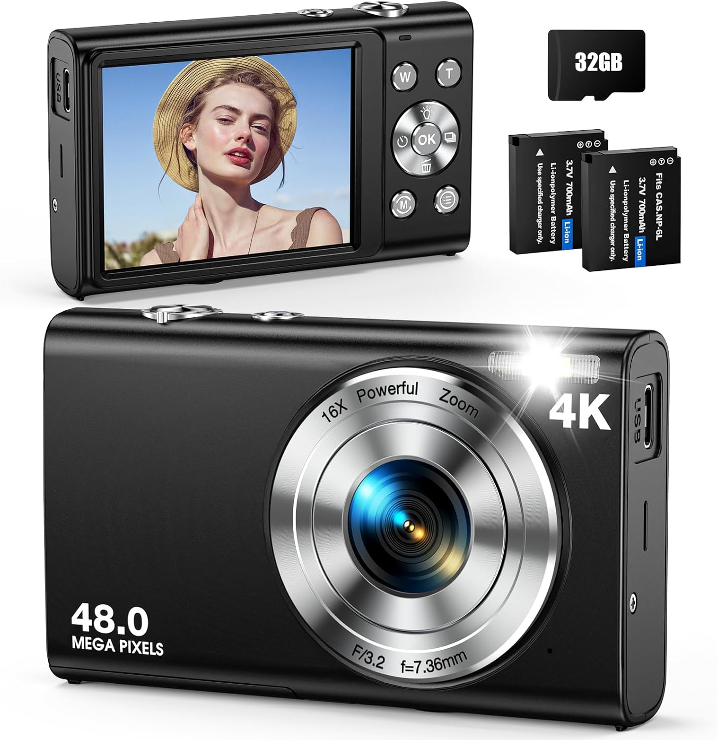 Digital Camera, Autofocus 48MP UHD 4K Vlogging Camera 16X Digital Zoom, Portable Compact Point and Shoot Digital Camera for Teens Adult Beginner with 32GB Card, 2 Batteries, Lanyard(Black) Digital Camera, Autofocus 48MP UHD 4K Vlogging Camera 16X Digital Zoom, Portable Compact Point and Shoot Digital Camera for Teens Adult Beginner with 32GB Card, 2 Batteries, Lanyard(Black)