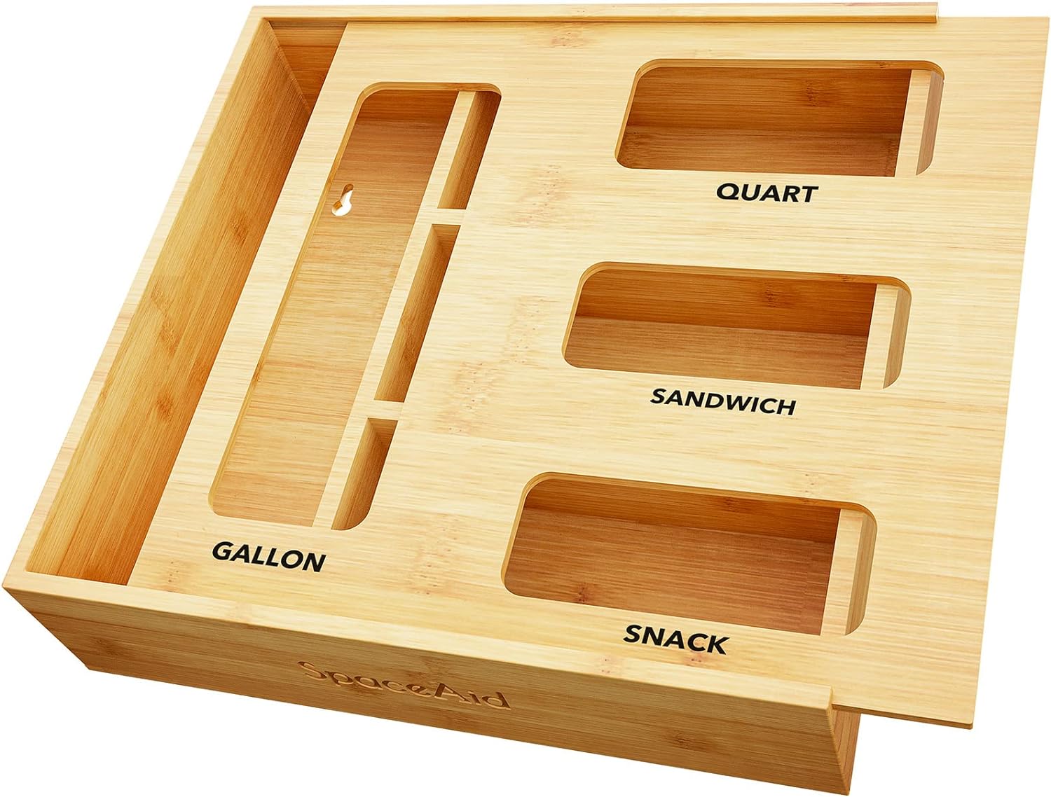 SpaceAid Bag Storage Organizer for Kitchen Drawer, Bamboo Organizer, Compatible with Gallon, Quart, Sandwich and Snack Variety Size Bag (1 Box 4 Slots) SpaceAid Bag Storage Organizer for Kitchen Drawer, Bamboo Organizer, Compatible with Gallon, Quart, Sandwich and Snack Variety Size Bag (1 Box 4 Slots)