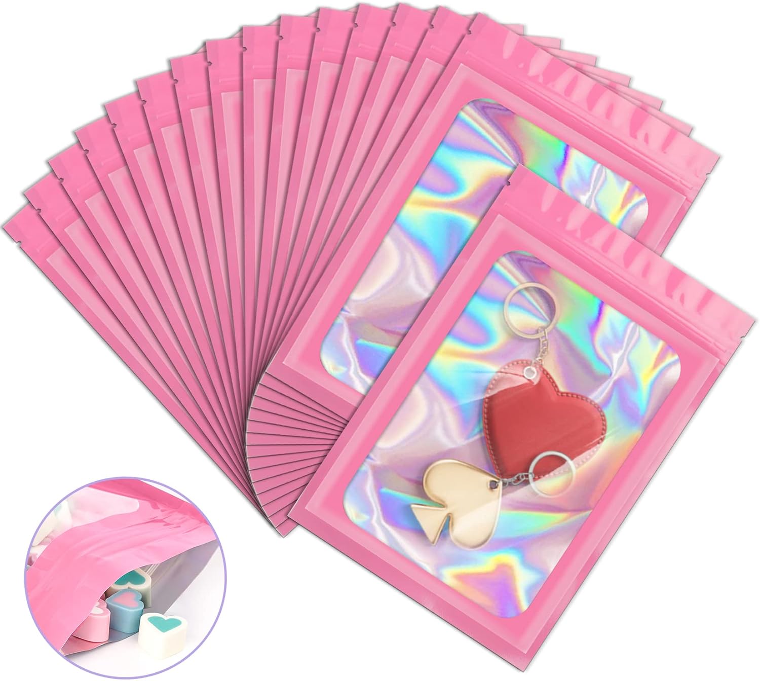 100 Pack Holographic Bags, Resealable Bags, Packaging Bags, Clear Window Resealable Odor Foil Pouch Bags for Food Storage and Lipgloss, Jewelry Lash(Pink, 2.4 x 3.9 Inch) 100 Pack Holographic Bags, Resealable Bags, Packaging Bags, Clear Window Resealable Odor Foil Pouch Bags for Food Storage and Lipgloss, Jewelry Lash(Pink, 2.4 x 3.9 Inch)