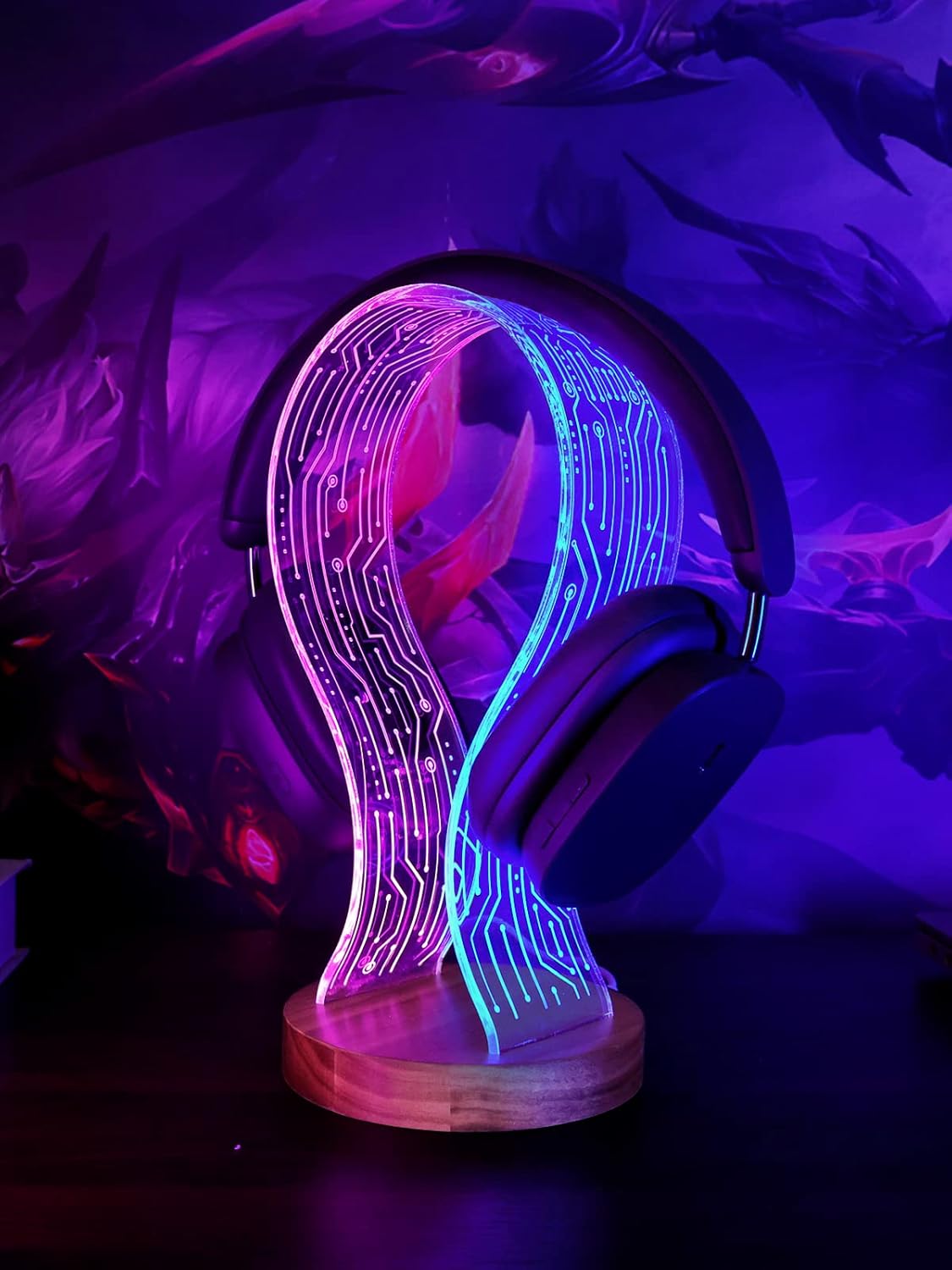 YuanDian Headphone Stand, Walnut Wood Headset Holder with Blue Pink LED Night Light for Gamers, Men, and Music Lovers – Perfect Desk Gift Idea YuanDian Headphone Stand, Walnut Wood Headset Holder with Blue Pink LED Night Light for Gamers, Men, and Music Lovers – Perfect Desk Gift Idea