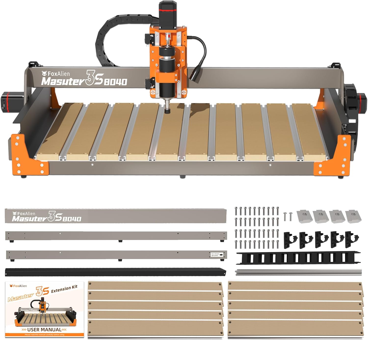 FoxAlien 3S 8040 X-axis Extension Kit with T-slot Hybrid Spoilboard for Masuter 3S CNC Router Machine, for Large Engraving Carving Projects (Extend X-axis to 800mm) FoxAlien 3S 8040 X-axis Extension Kit with T-slot Hybrid Spoilboard for Masuter 3S CNC Router Machine, for Large Engraving Carving Projects (Extend X-axis to 800mm)