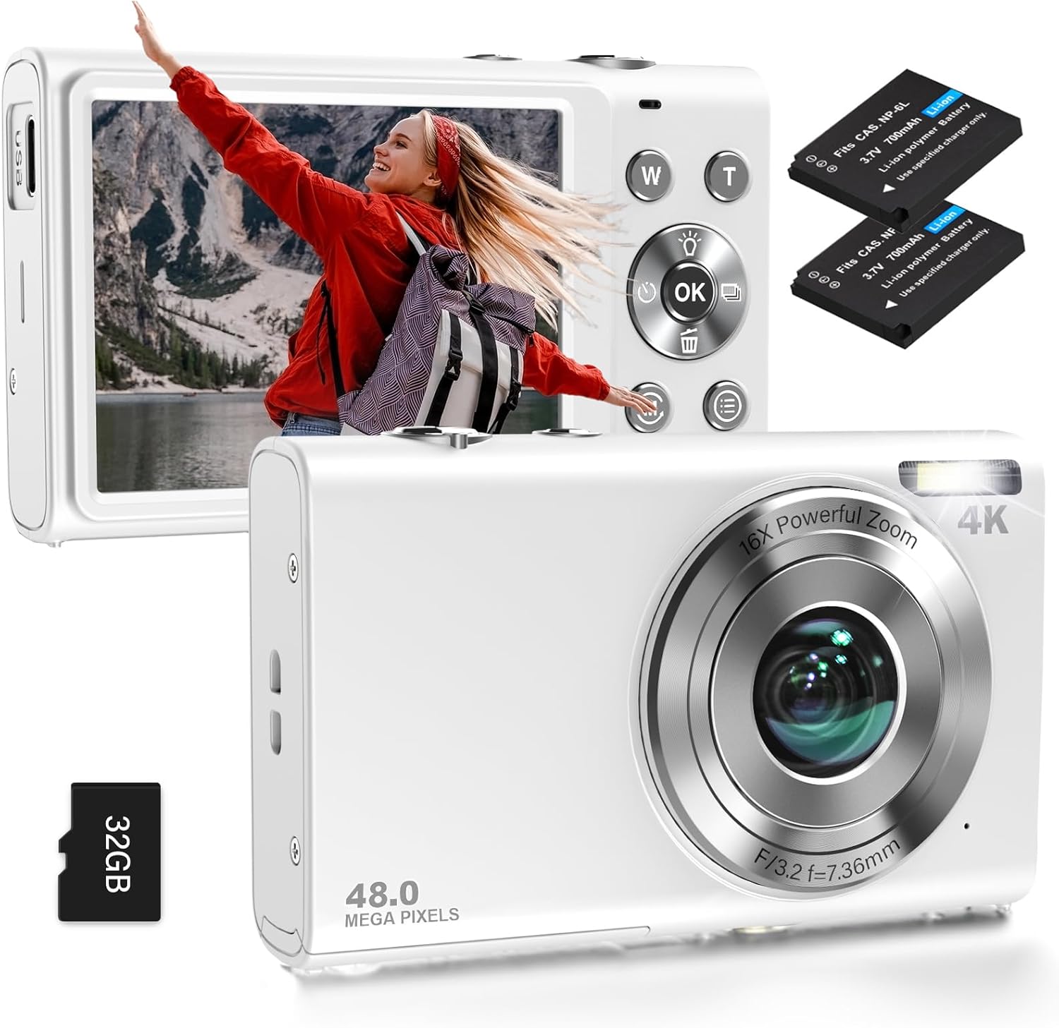 Digital Camera, Autofocus UHD 4K Vlogging Camera with 32GB Card, 48MP 16X Digital Zoom Digital Camera, Anti-Shake Portable YouTube Compact Point Shoot Camera for Teens Adult Beginner(White) Digital Camera, Autofocus UHD 4K Vlogging Camera with 32GB Card, 48MP 16X Digital Zoom Digital Camera, Anti-Shake Portable YouTube Compact Point Shoot Camera for Teens Adult Beginner(White)