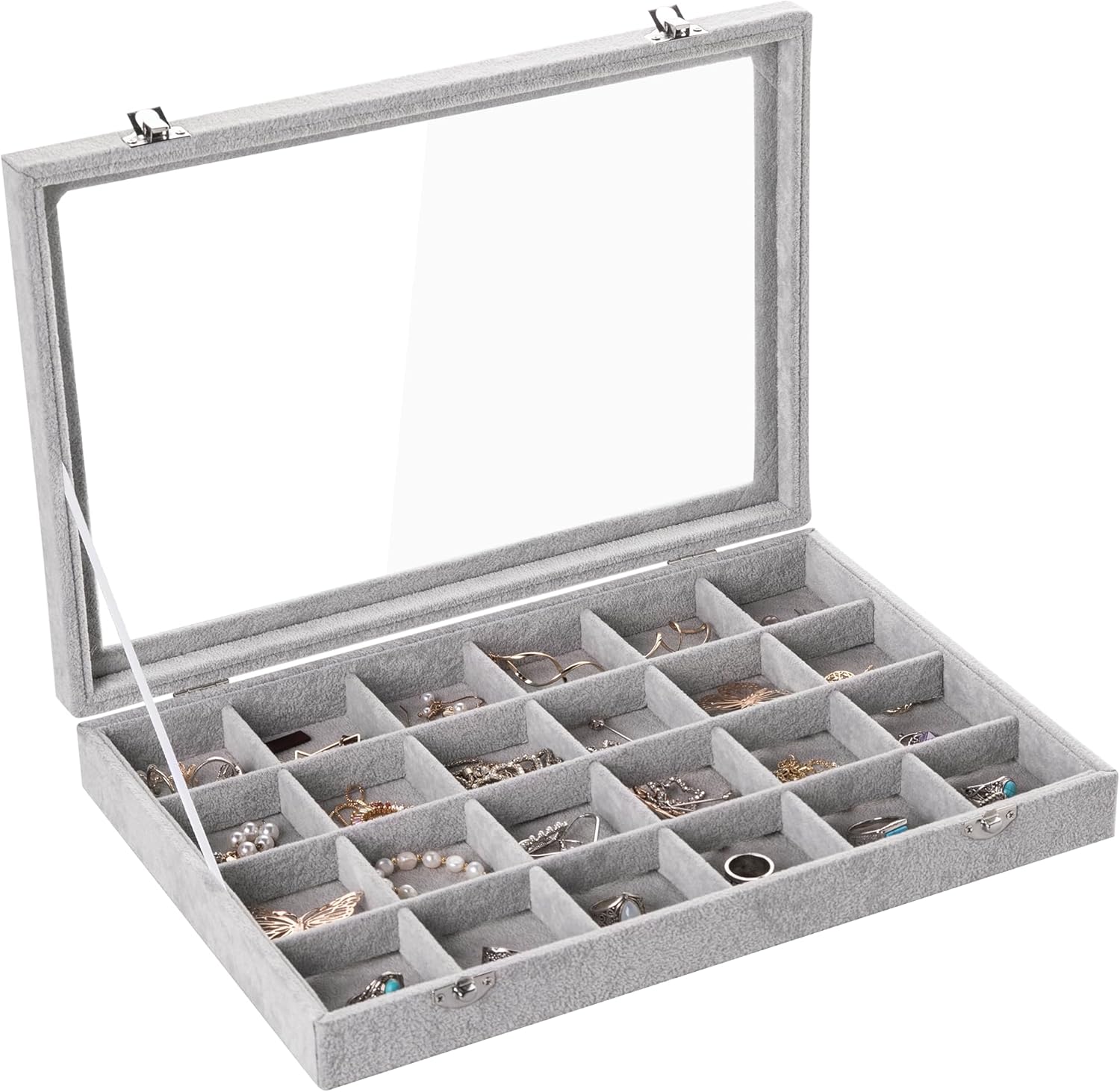 Frebeauty Velvet Jewelry Tray,24 Grid Jewelry Organizer with Clear Lid,Earring Holder Organizer with Clasp,Drawer Insert Rings Pendants Brooches,13.8 x 9.5 x 2 Inches,Gift for Women Girls(Grey) Frebeauty Velvet Jewelry Tray,24 Grid Jewelry Organizer with Clear Lid,Earring Holder Organizer with Clasp,Drawer Insert Rings Pendants Brooches,13.8 x 9.5 x 2 Inches,Gift for Women Girls(Grey)