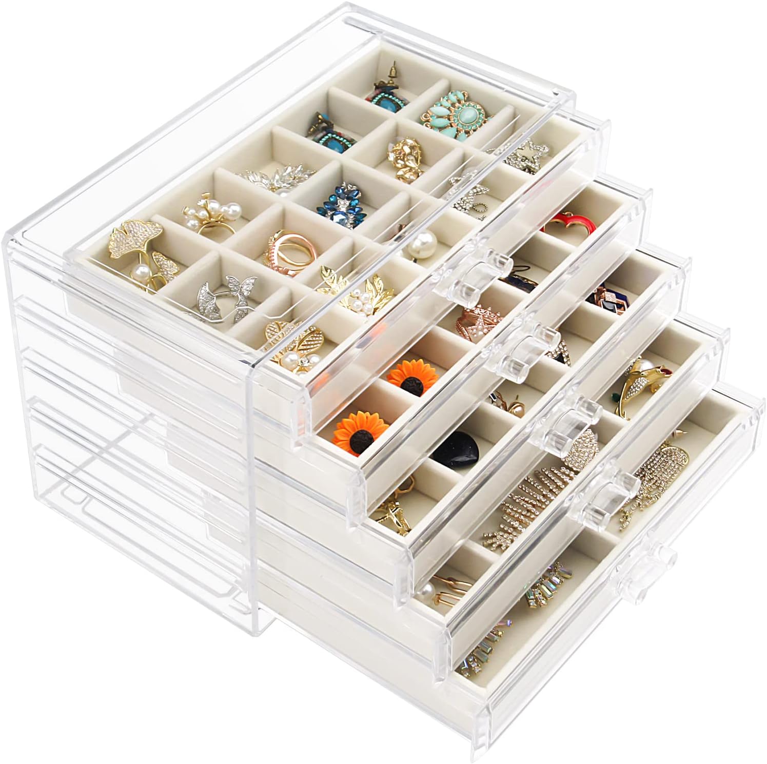 Acrylic Jewelry Box with 5 Drawers, Clear Earring Storage Organizer Display Case for Women Girls, Beige Acrylic Jewelry Box with 5 Drawers, Clear Earring Storage Organizer Display Case for Women Girls, Beige
