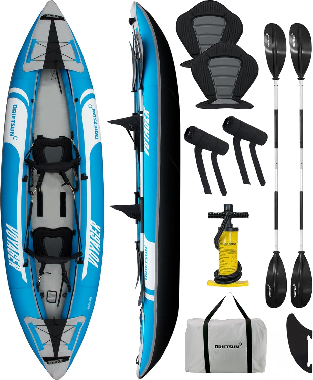 Driftsun Voyager Inflatable Kayak 2 Person Tandem, Foldable Kayaks for Adults Includes 2 Aluminum Paddles, 2 Padded Seats, Double Action Pump and Travel Backpack Driftsun Voyager Inflatable Kayak 2 Person Tandem, Foldable Kayaks for Adults Includes 2 Aluminum Paddles, 2 Padded Seats, Double Action Pump and Travel Backpack
