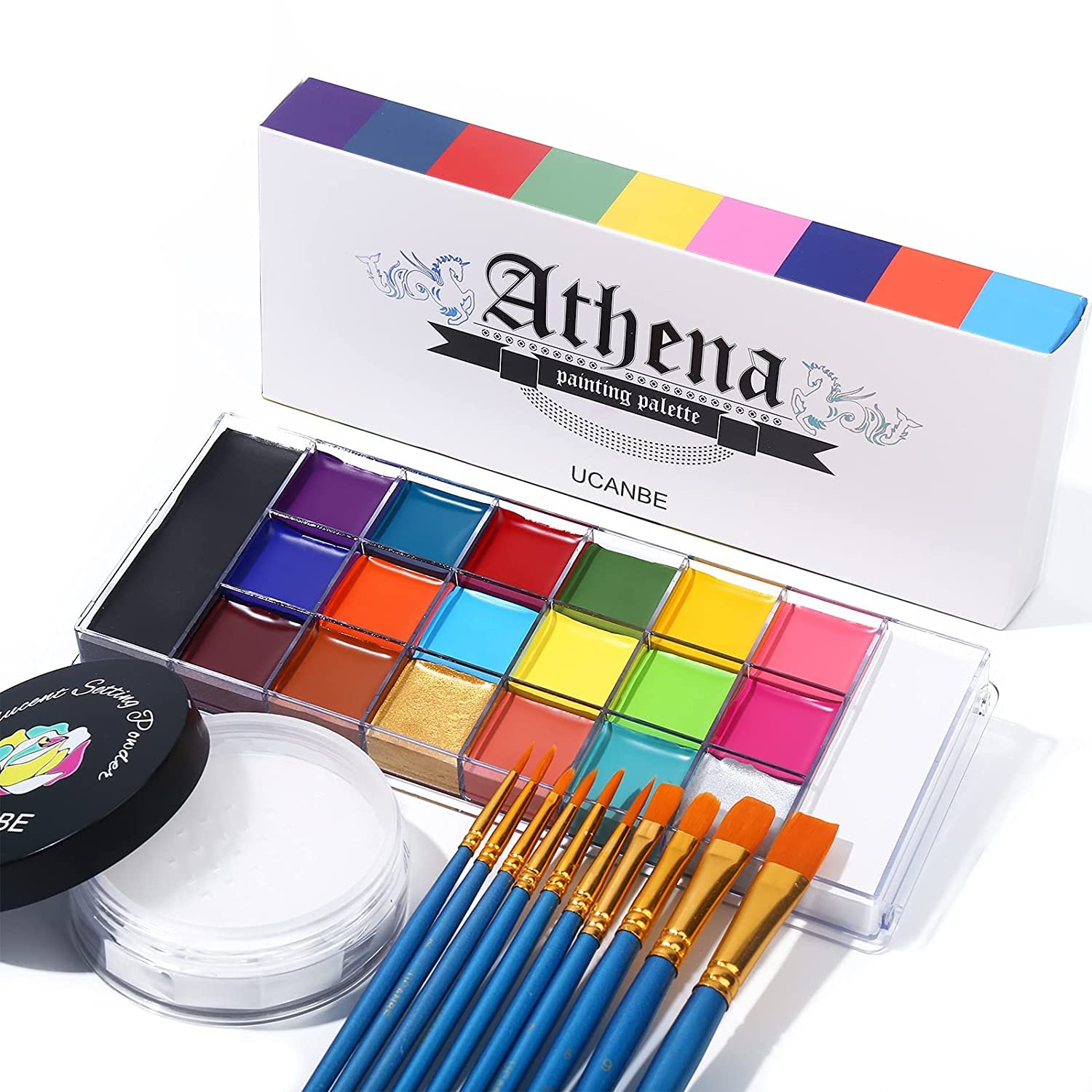 UCANBE Athena Face Body Paint Oil Palette + Translucent Setting Powder + 10PCS Brushes Set, Professional Non Toxic Face Painting Pallet Kit for Halloween SFX Cosplay Clown Makeup for Women Adults UCANBE Athena Face Body Paint Oil Palette + Translucent Setting Powder + 10PCS Brushes Set, Professional Non Toxic Face Painting Pallet Kit for Halloween SFX Cosplay Clown Makeup for Women Adults