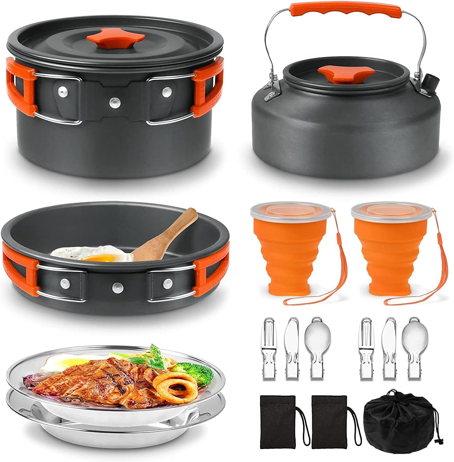 Camping Cooking Set Camping Cookware Outdoor Aluminum Mess Kit with Frying Pan, Pot with Lid, 1.2L Kettle Set and 2 Stainless Steel Plate, 2 Folding Cups and 2 Set Knives Spoons for Backpacking Picnic Camping Cooking Set Camping Cookware Outdoor Aluminum Mess Kit with Frying Pan, Pot with Lid, 1.2L Kettle Set and 2 Stainless Steel Plate, 2 Folding Cups and 2 Set Knives Spoons for Backpacking Picnic