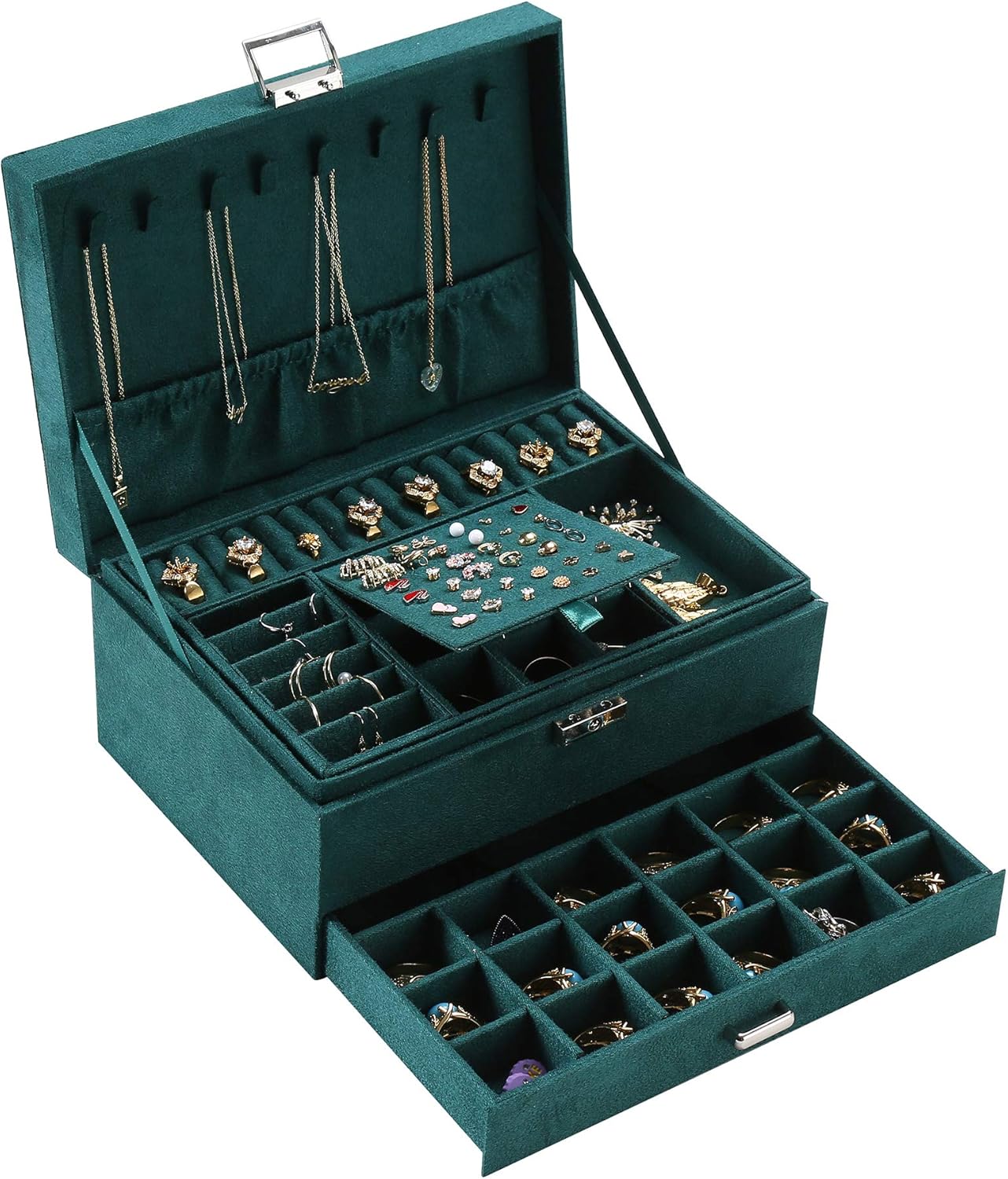 ZUZOOQ Women Jewelry Organizer Box, 3-Layer Velvet Jewelry Boxes Display Storage Case with Lock for Rings Necklace Earrings, Green, 24 * 17 * 11CM1 ZUZOOQ Women Jewelry Organizer Box, 3-Layer Velvet Jewelry Boxes Display Storage Case with Lock for Rings Necklace Earrings, Green, 24 * 17 * 11CM1