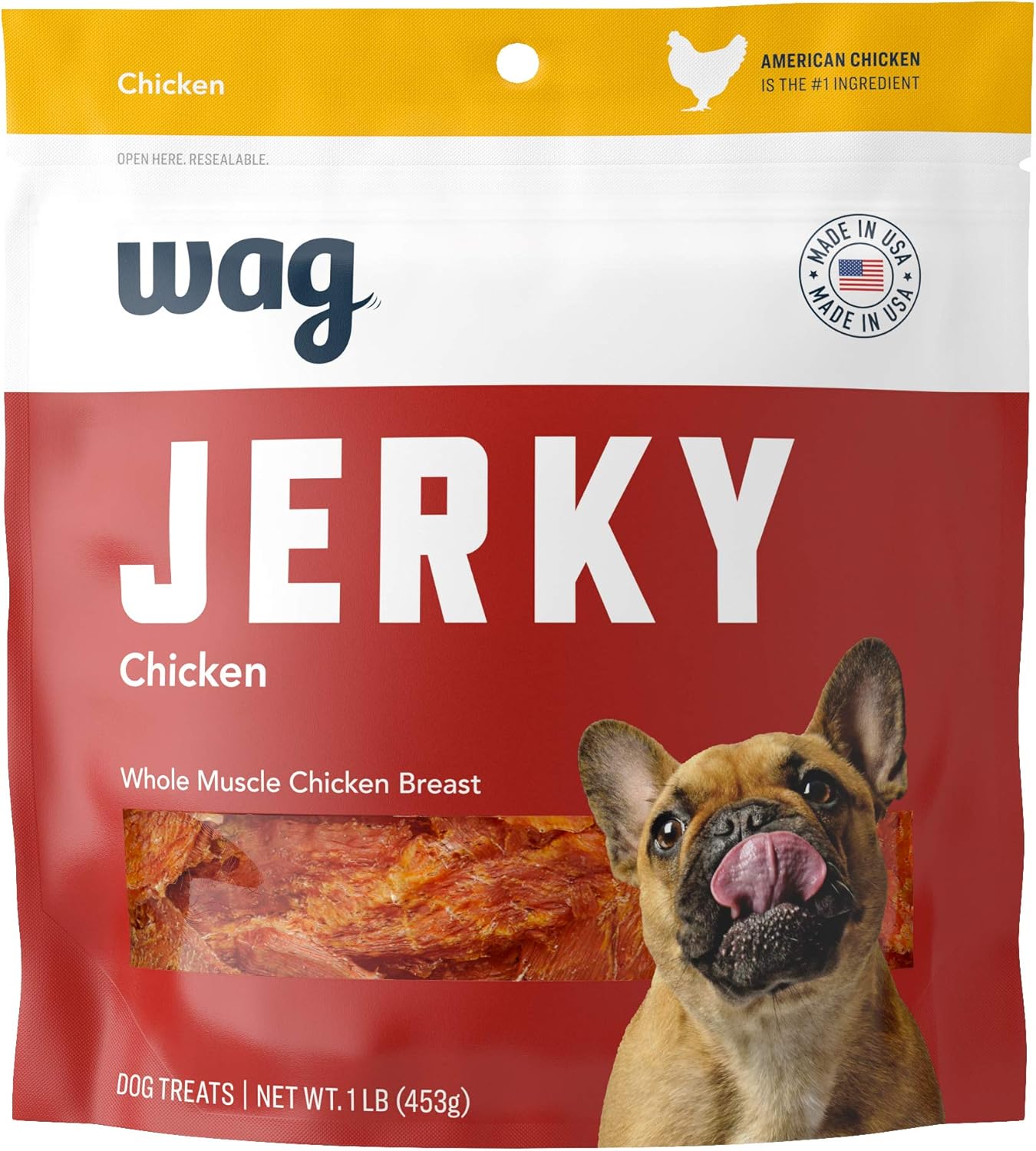 Amazon Brand – Wag Chewy Whole Muscle American Jerky Made in USA Dog Treats – Chicken (1 lb), Grain Free Amazon Brand – Wag Chewy Whole Muscle American Jerky Made in USA Dog Treats – Chicken (1 lb), Grain Free