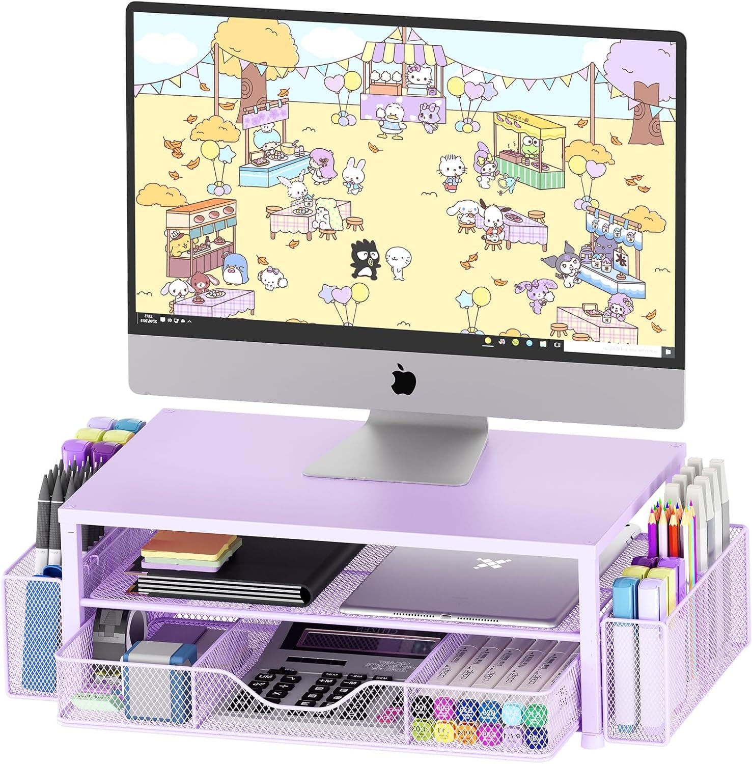 Desk Organizers and Accessories, 2-Tier Computer Monitor Stand for Desk Organizer with Drawer and 2 Pen Holders, Office Desk Accessories Workspace Desktop Organizers for Office Supplies, Purple Desk Organizers and Accessories, 2-Tier Computer Monitor Stand for Desk Organizer with Drawer and 2 Pen Holders, Office Desk Accessories Workspace Desktop Organizers for Office Supplies, Purple