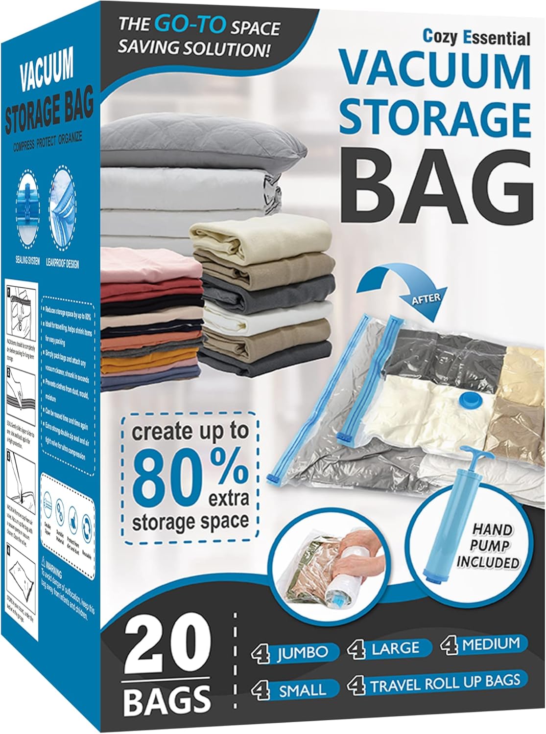 20 Pack Vacuum Storage Bags, Space Saver Bags (4 Jumbo/4 Large/4 Medium/4 Small/4 Roll) Compression for Comforters and Blankets, Sealer Clothes Storage, Hand Pump Included 20 Pack Vacuum Storage Bags, Space Saver Bags (4 Jumbo/4 Large/4 Medium/4 Small/4 Roll) Compression for Comforters and Blankets, Sealer Clothes Storage, Hand Pump Included