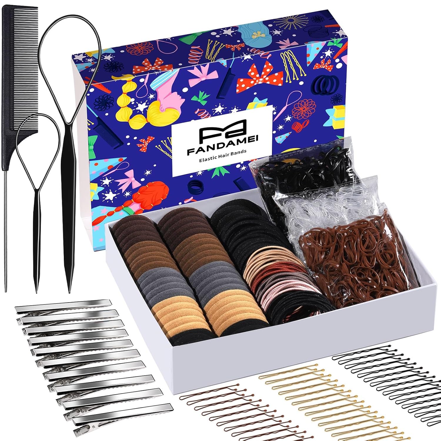 FANDAMEI Hair Accessories Kit – Elastic Hair Ties, Cotton Bands, Rubber Bands, Hair Pins, Rat Tail Comb for Women FANDAMEI Hair Accessories Kit – Elastic Hair Ties, Cotton Bands, Rubber Bands, Hair Pins, Rat Tail Comb for Women