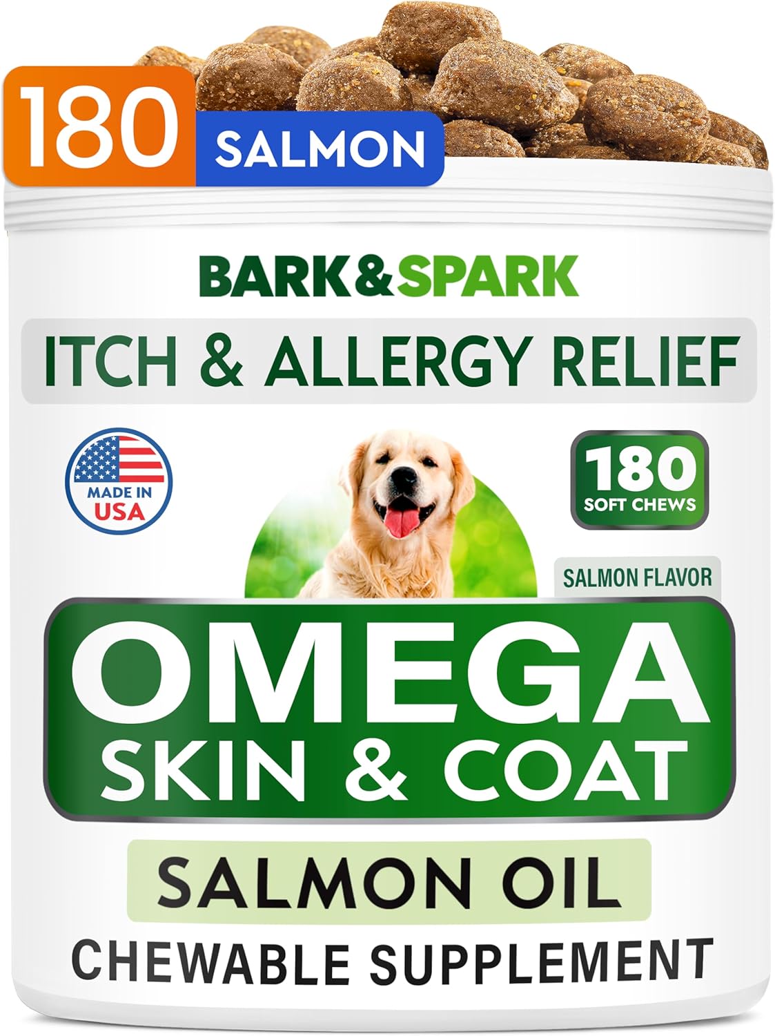 BARK&SPARK Omega 3 for Dogs – 180 Fish Oil Treats for Dog Shedding, Skin Allergy, Itch Relief, Hot Spots Treatment – Joint Health – Skin and Coat Supplement – EPA & DHA Fatty Acids – Salmon Oil BARK&SPARK Omega 3 for Dogs – 180 Fish Oil Treats for Dog Shedding, Skin Allergy, Itch Relief, Hot Spots Treatment – Joint Health – Skin and Coat Supplement – EPA & DHA Fatty Acids – Salmon Oil