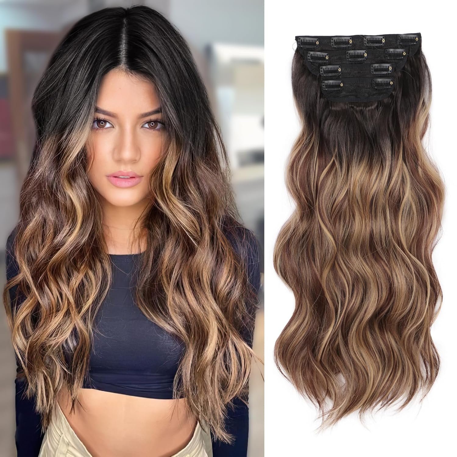 AISI BEAUTY Clip in Hair Extensions for Women Long Wavy Synthetic Brown Highlight Hair Extension 20 Inch 4PCS Natural Thick Hairpieces (Brown Mixed Blonde) AISI BEAUTY Clip in Hair Extensions for Women Long Wavy Synthetic Brown Highlight Hair Extension 20 Inch 4PCS Natural Thick Hairpieces (Brown Mixed Blonde)