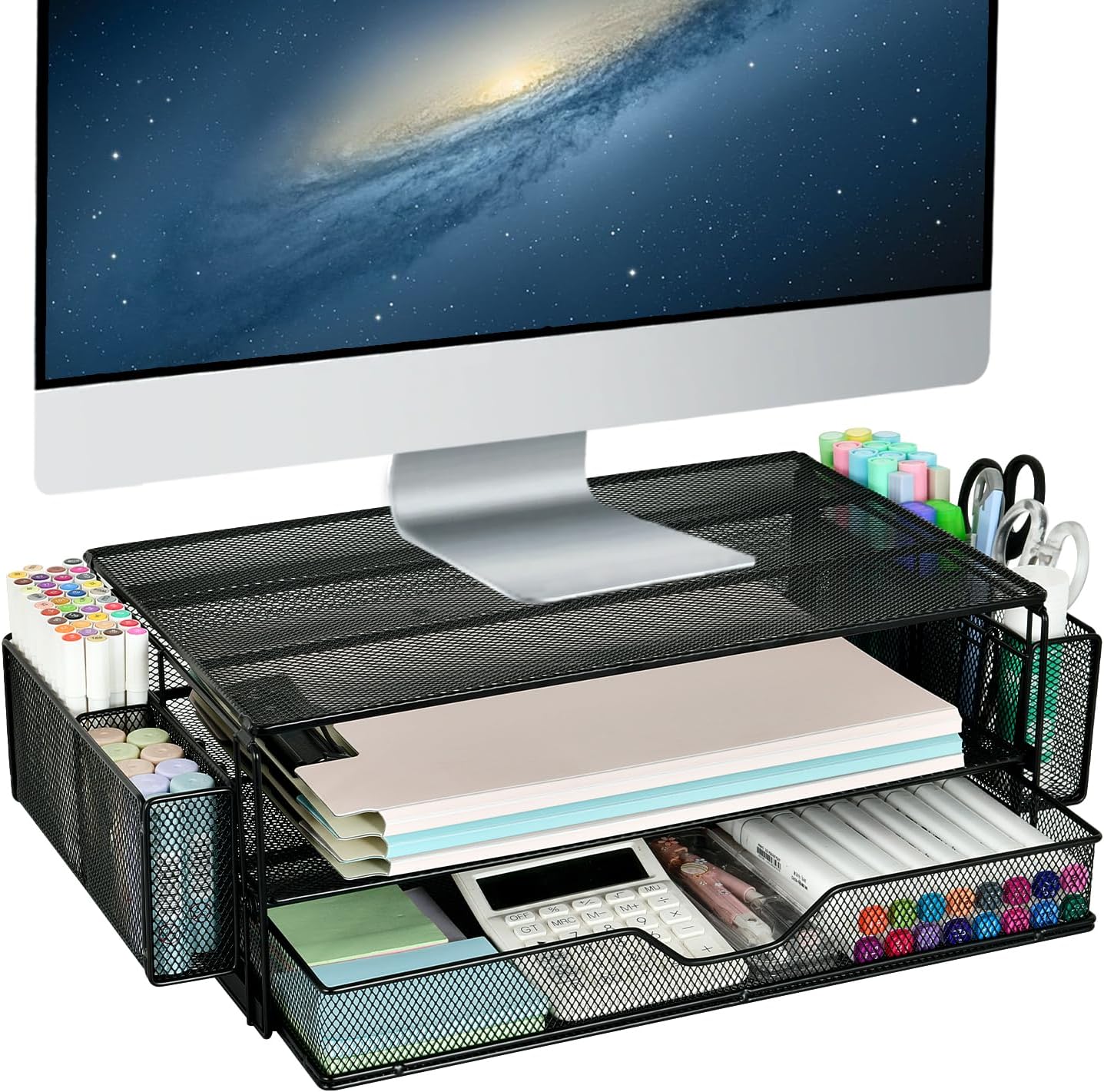 AUPSEN 2 Tier Computer Monitor Stands with Drawer and 2 Pencil Holder, Metal Monitor Stand Monitor riser, Computer Desk Organizer and Accessories for Laptop, Computer, Printer, Office Supplies(Black) AUPSEN 2 Tier Computer Monitor Stands with Drawer and 2 Pencil Holder, Metal Monitor Stand Monitor riser, Computer Desk Organizer and Accessories for Laptop, Computer, Printer, Office Supplies(Black)