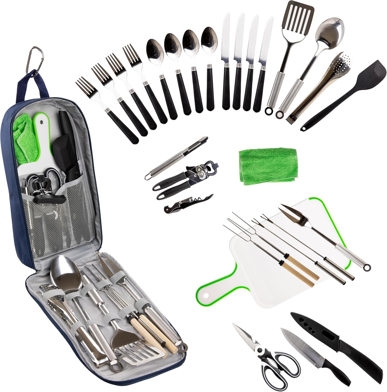 Camp Cooking Utensil Set & Outdoor Kitchen Gear Cookware Kit, Portable Compact Carry Case for Camping, Hiking, Travel, BBQ Grilling Stainless Steel Accessories Spoon & Fork Camp Cooking Utensil Set & Outdoor Kitchen Gear Cookware Kit, Portable Compact Carry Case for Camping, Hiking, Travel, BBQ Grilling Stainless Steel Accessories Spoon & Fork