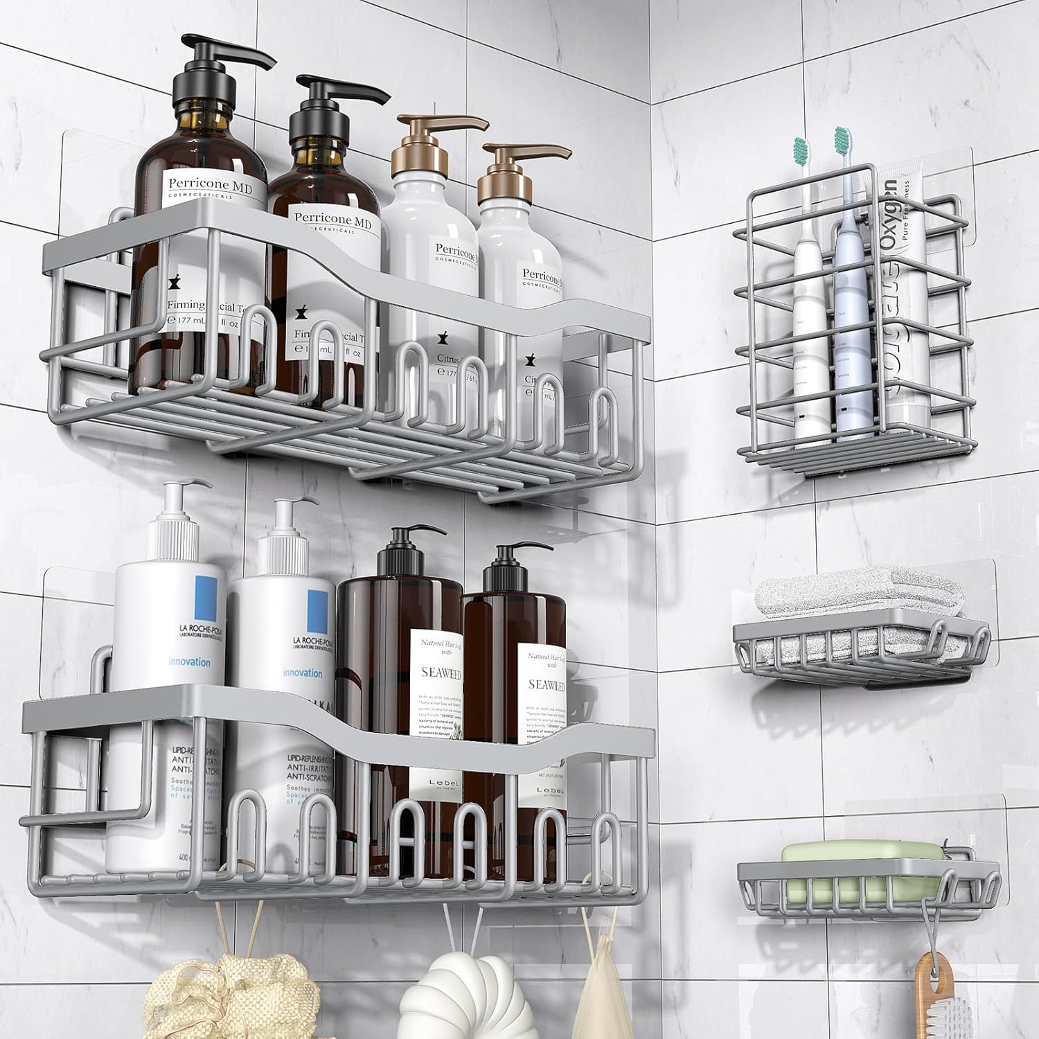 Shower Caddy 5 Pack,Adhesive Shower Organizer for Bathroom Storage&Home Decor&Kitchen,No Drilling,Large Capacity,Rustproof Stainless Steel Bathroom Organizer,Shower Shelves for Inside Shower-Larger Shower Caddy 5 Pack,Adhesive Shower Organizer for Bathroom Storage&Home Decor&Kitchen,No Drilling,Large Capacity,Rustproof Stainless Steel Bathroom Organizer,Shower Shelves for Inside Shower-Larger