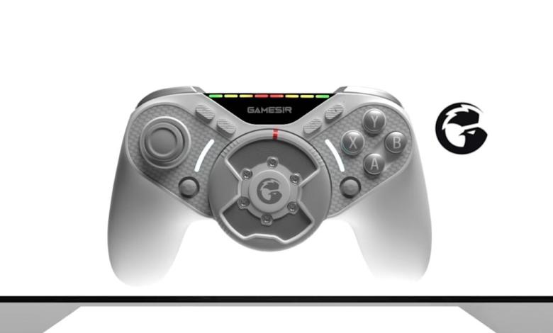 This game controller has a force feedback steering wheel lodged in the middle This game controller has a force feedback steering wheel lodged in the middle
