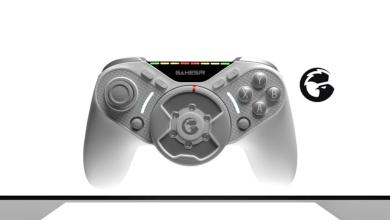 This game controller has a force feedback steering wheel lodged in the middle This game controller has a force feedback steering wheel lodged in the middle