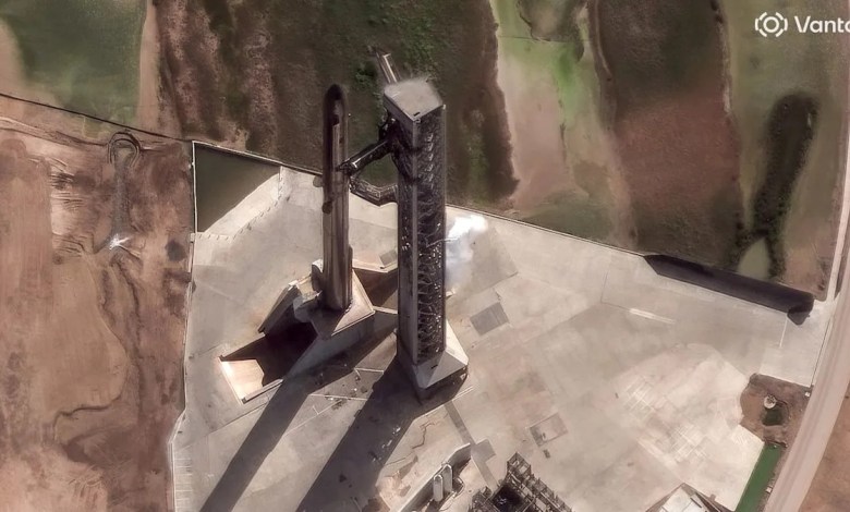 Satellite snaps amazing photo of SpaceX megarocket on the pad Satellite snaps amazing photo of SpaceX megarocket on the pad