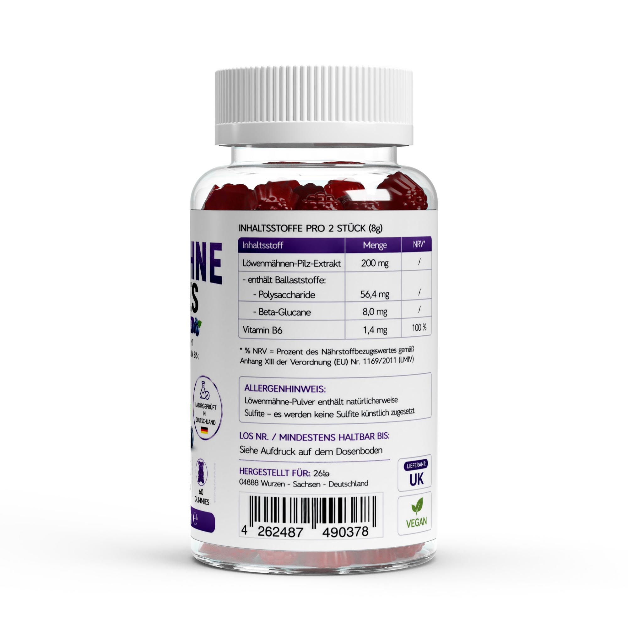 Löwenmähne + Vitamin B6 Gummies – 60 Stk.