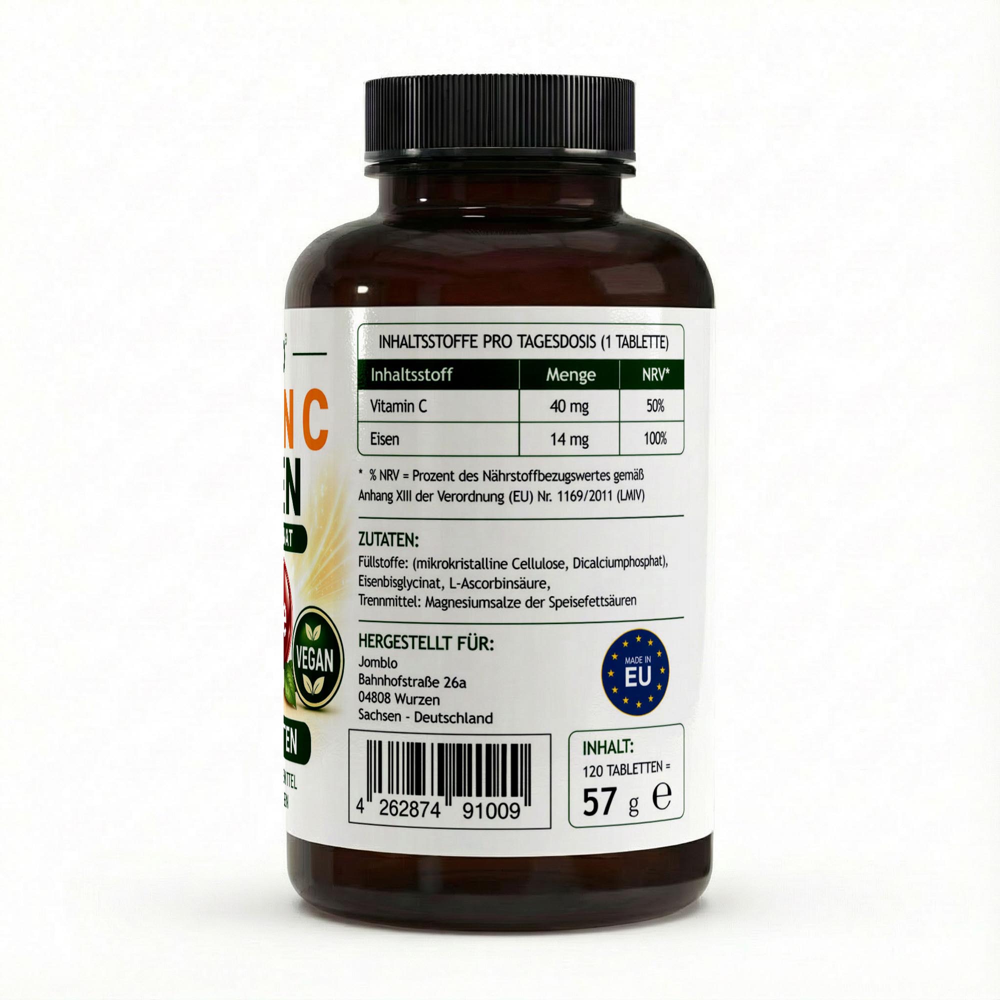 Eisen + Vitamin C – 120 vegane Tabletten