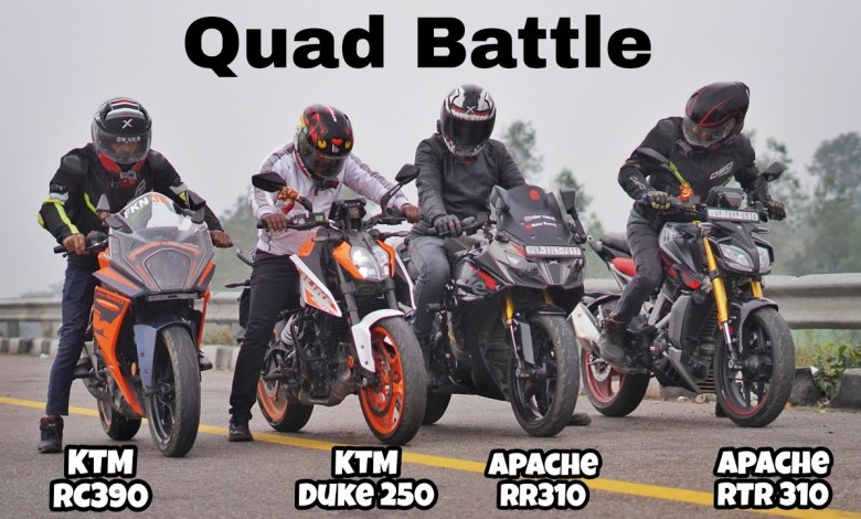 2024 Duke 250 vs Apache RTR 310 vs Apache RR 310 vs KTM RC 390 | Drag Race | Quad Battle 2024 Duke 250 vs Apache RTR 310 vs Apache RR 310 vs KTM RC 390 | Drag Race | Quad Battle