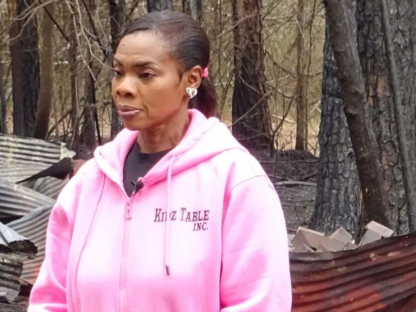 Owner of Somerville schoolhouse, Lynette Burton, in front of the damage. Owner of Somerville schoolhouse, Lynette Burton, in front of the damage.