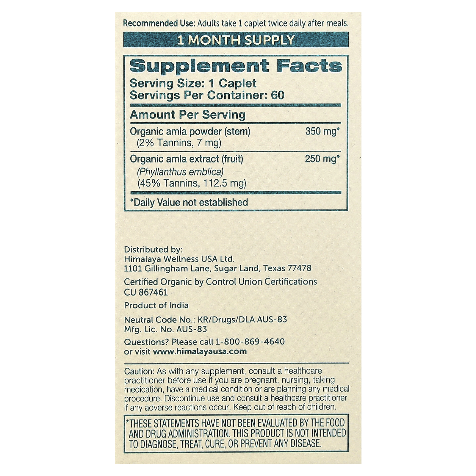 Organic Amla, 60 Caplets