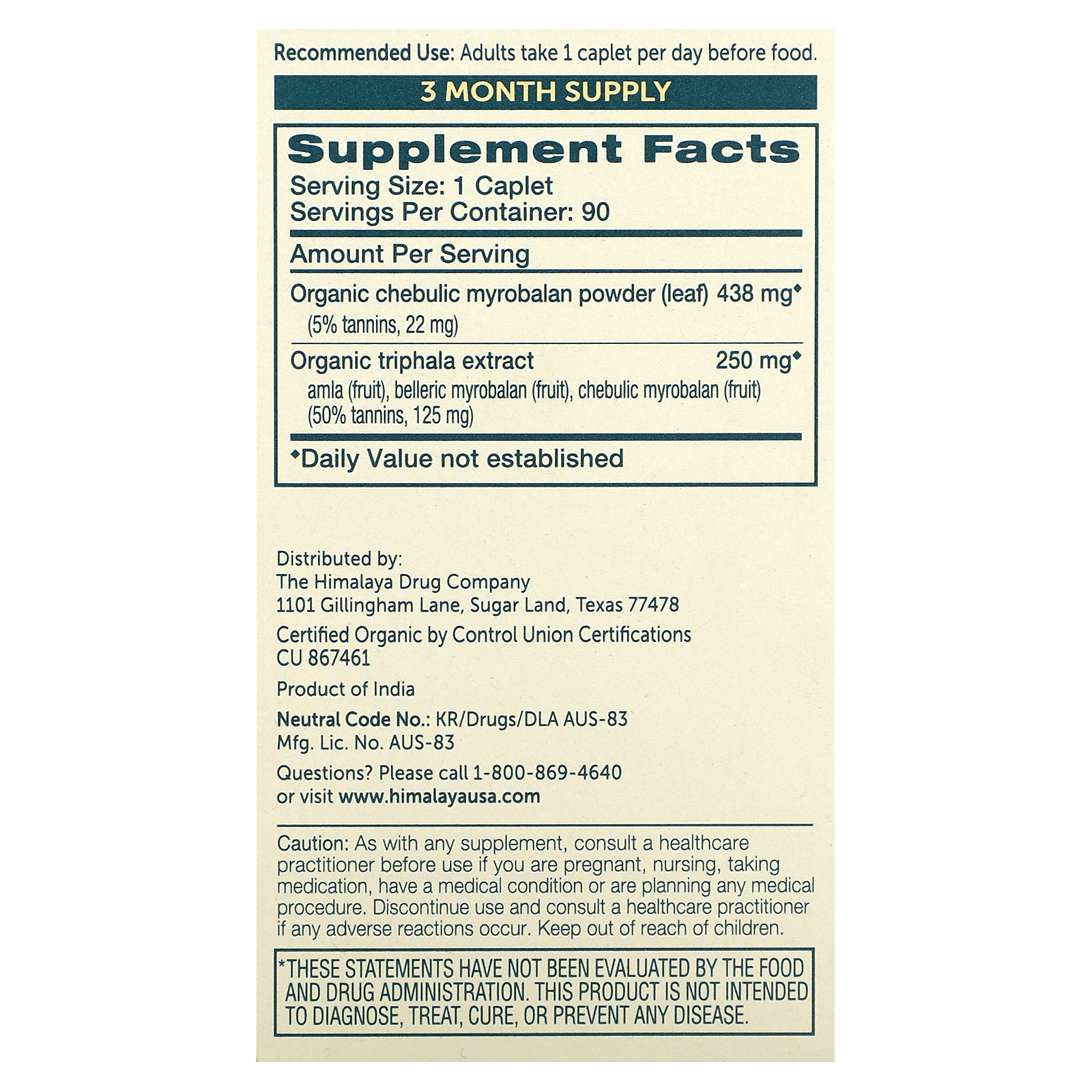 Organic Triphala, 90 Caplets