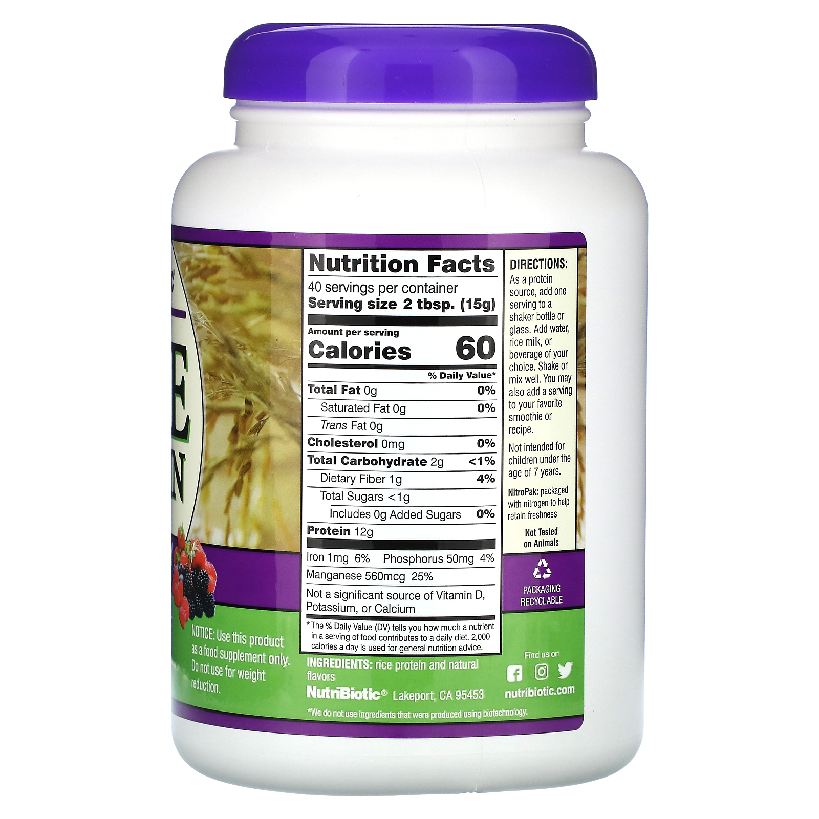 Rice Protein Powder, Mixed Berry, 1 lb, 5.16 oz (600 g)